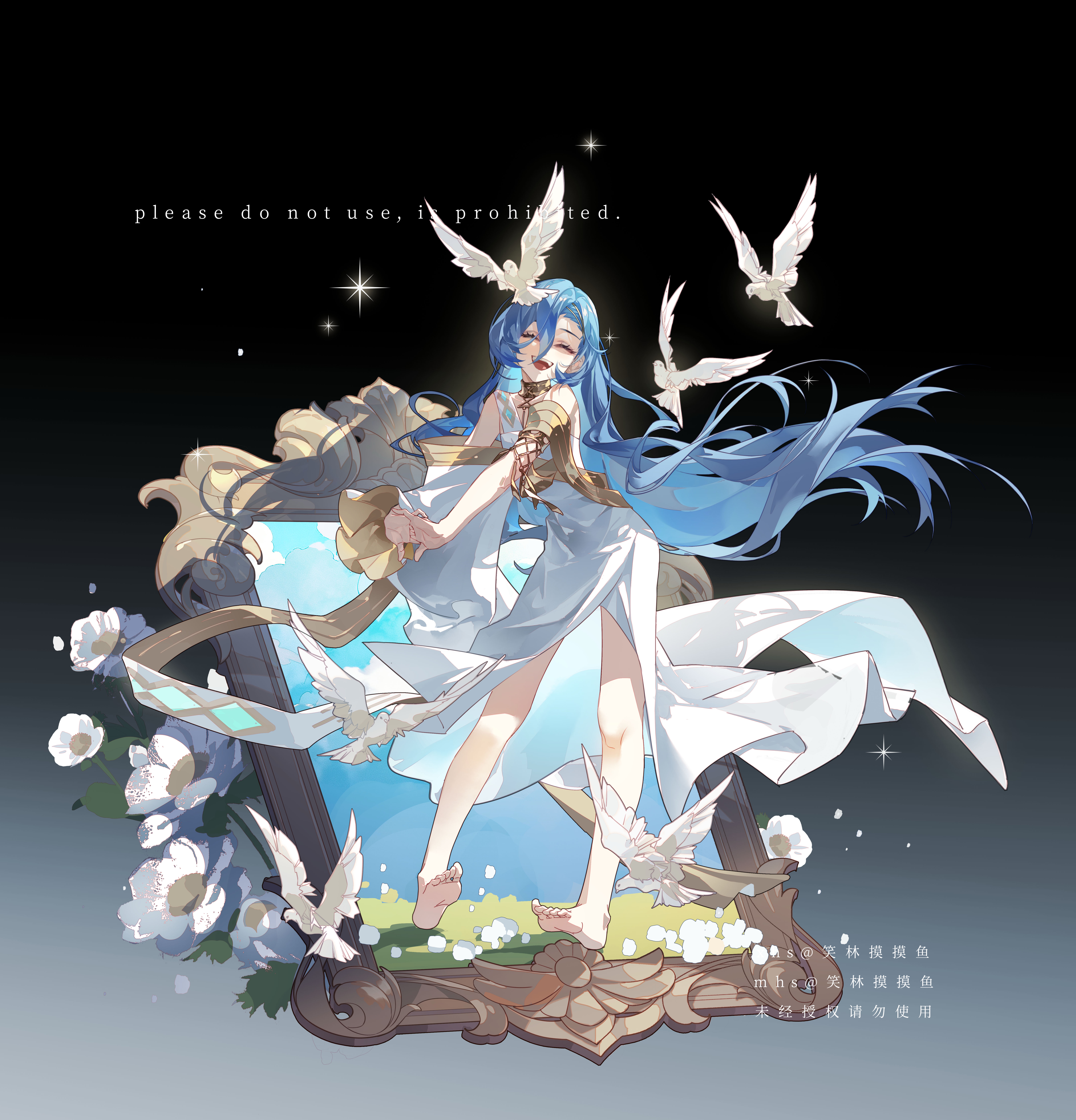 37 (reverse:1999), reverse:1999, absurdres, highres, 1girl, ^ ^, ancient greek clothes, artist name, bare legs, barefoot, bird, blue hair, closed eyes, facing viewer, faux figurine, floating hair, flower, full body, gradient background, greco-roman clothes, grey background, hair between eyes, leaning forward, legs apart, long hair, open mouth, picture frame, smile, solo, sparkle, standing, stretching, teeth, toga, upper teeth only, very long hair, white bird, white flower, xiaolin momo yu