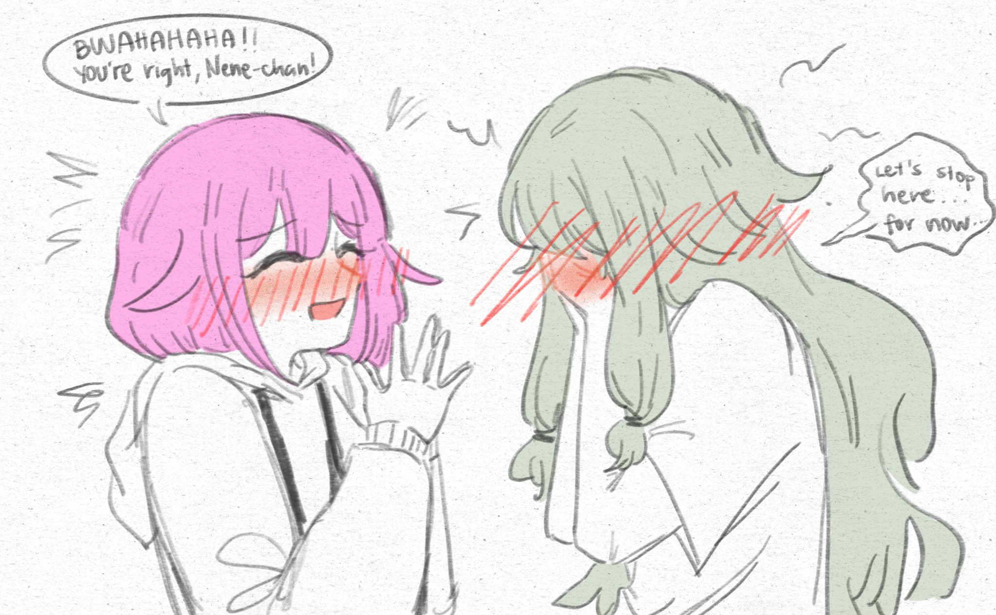 kcmvnd, kusanagi nene, ootori emu, project sekai, commentary, english commentary, highres, 2girls, blush, closed eyes, embarrassed, english text, green hair, hood, hoodie, long hair, multiple girls, open mouth, pink hair, short hair, speech bubble, white background, yuri