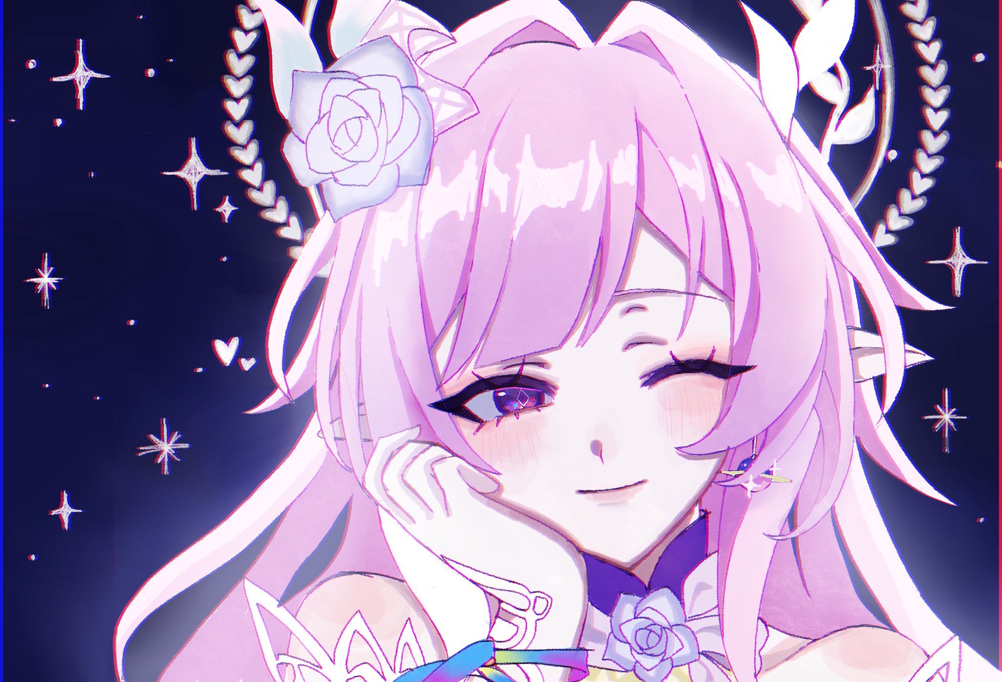 cyrene (honkai: star rail), cyrene (ripples of past reverie) (honkai: star rail), honkai: star rail, honkai (series), commentary, highres, symbol-only commentary, 1girl, ;), earrings, flower, hair flower, hair intakes, hair ornament, halo, jewelry, long hair, multicolored hair, one eye closed, oxo tya, pink hair, pointy ears, portrait, purple eyes, sky, smile, solo, star (sky), starry sky, two-tone hair, very long hair, white hair