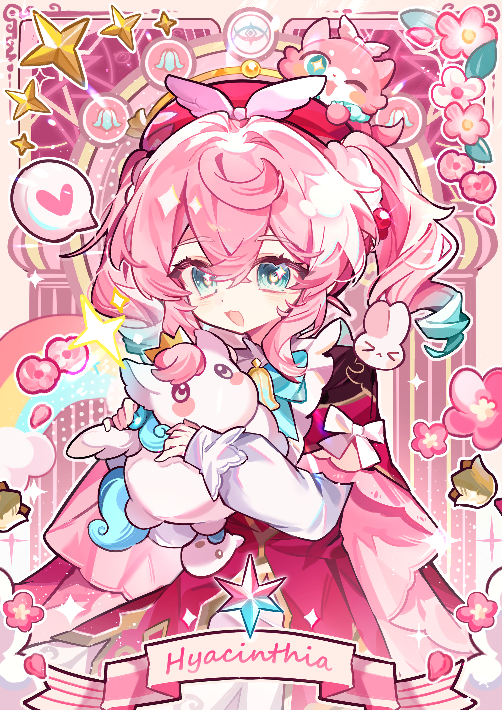 fu pian ren, hyacine (honkai: star rail), honkai: star rail, honkai (series), absurdres, highres, 1girl, :d, blue eyes, character name, cowboy shot, double-parted bangs, dress, gradient hair, green hair, hair between eyes, hair intakes, hat, heart, long hair, long sleeves, multicolored hair, open mouth, pink background, pink hair, red dress, red hat, smile, solo, spoken heart, twintails