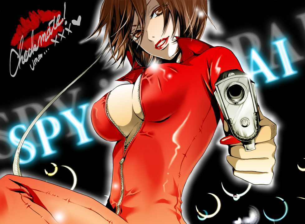 hakuseki, meiko (vocaloid), spy ga oppai (vocaloid), vocaloid, bad id, bad pixiv id, 1girl, bodysuit, breasts, brown eyes, brown hair, cleavage, female focus, full-length zipper, gun, latex, lipstick, makeup, nail polish, red lips, red nails, short hair, smile, solo, weapon, zipper