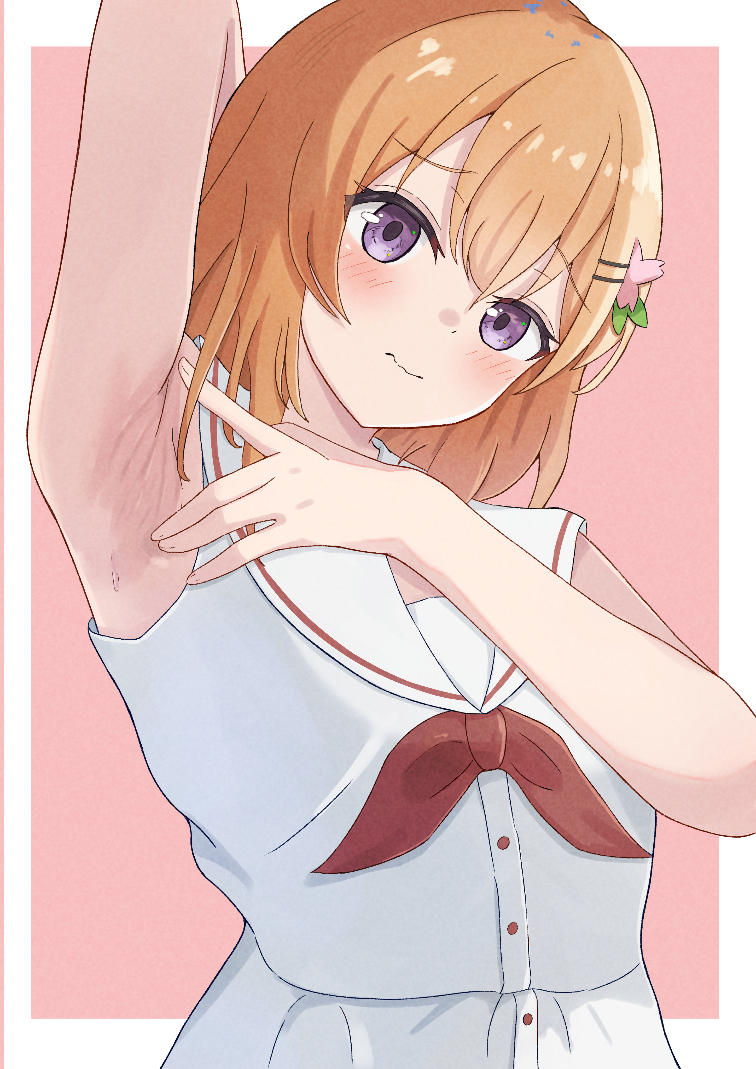 azakura (beniyomogi), hoto cocoa, gochuumon wa usagi desu ka?, absurdres, commentary request, commission, highres, pixiv commission, 1girl, arm up, armpit focus, armpits, blush, border, bow, bowtie, closed mouth, double-parted bangs, embarrassed, film grain, flower, hair flower, hair ornament, hairclip, hand up, looking at viewer, medium hair, orange hair, parallel hairclips, pink background, presenting armpit, purple eyes, raised inner eyebrows, red bow, red bowtie, sailor collar, shirt, skirt, sleeveless, sleeveless shirt, solo, sweat, upper body, wavy mouth, white border, white sailor collar, white shirt, white skirt
