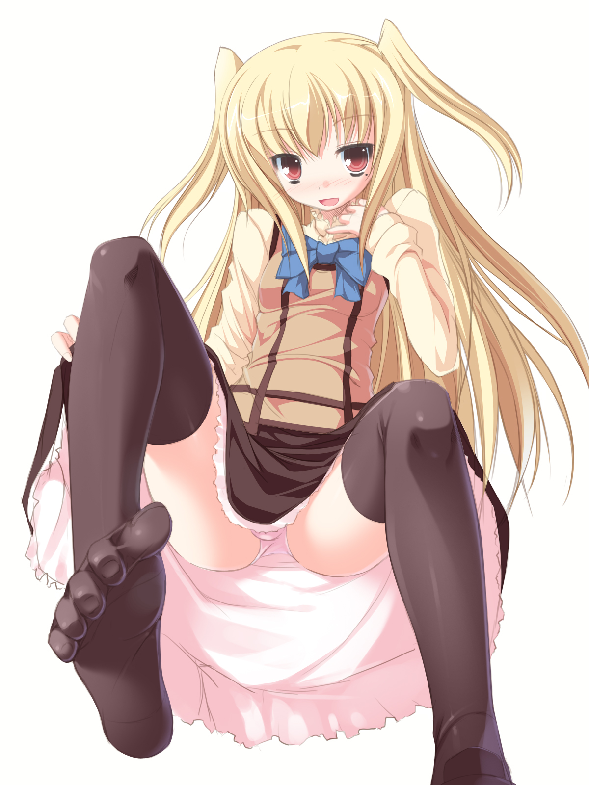ochinsama, shidou mariya, maria holic, highres, 00s, 1boy, blonde hair, blush, bow, bulge, feet, lingerie, long hair, male focus, mole, mole under eye, panties, petticoat, pink panties, red eyes, school uniform, see-through clothes, shoes, single shoe, solo, thighhighs, toes, trap, twintails, two side up, underwear, upskirt, zettai ryouiki