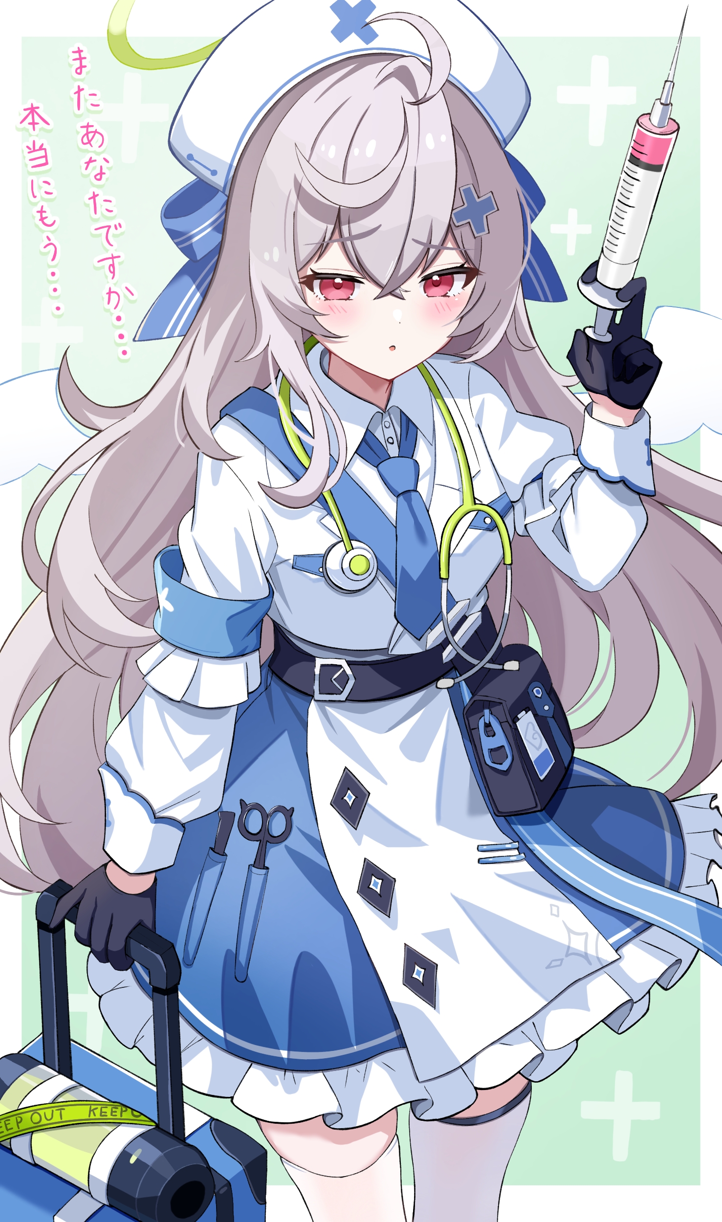 crouching start, beatrixa (stella sora), stella sora, absurdres, highres, translation request, 1girl, angel, angel wings, black gloves, blue necktie, blue skirt, blush, collared shirt, cross hair ornament, gloves, grey hair, hair ornament, halo, hat, holding, holding syringe, long hair, necktie, nurse cap, parted lips, red eyes, shirt, skirt, solo, syringe, thighhighs, white hat, white shirt, white thighhighs, white wings, wings, yellow halo