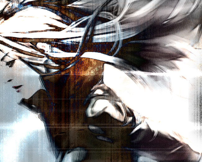 kaburaya, miriam (vocaloid), vocaloid, bad id, bad pixiv id, 1girl, blue theme, female focus, long hair, monochrome, orange theme, solo