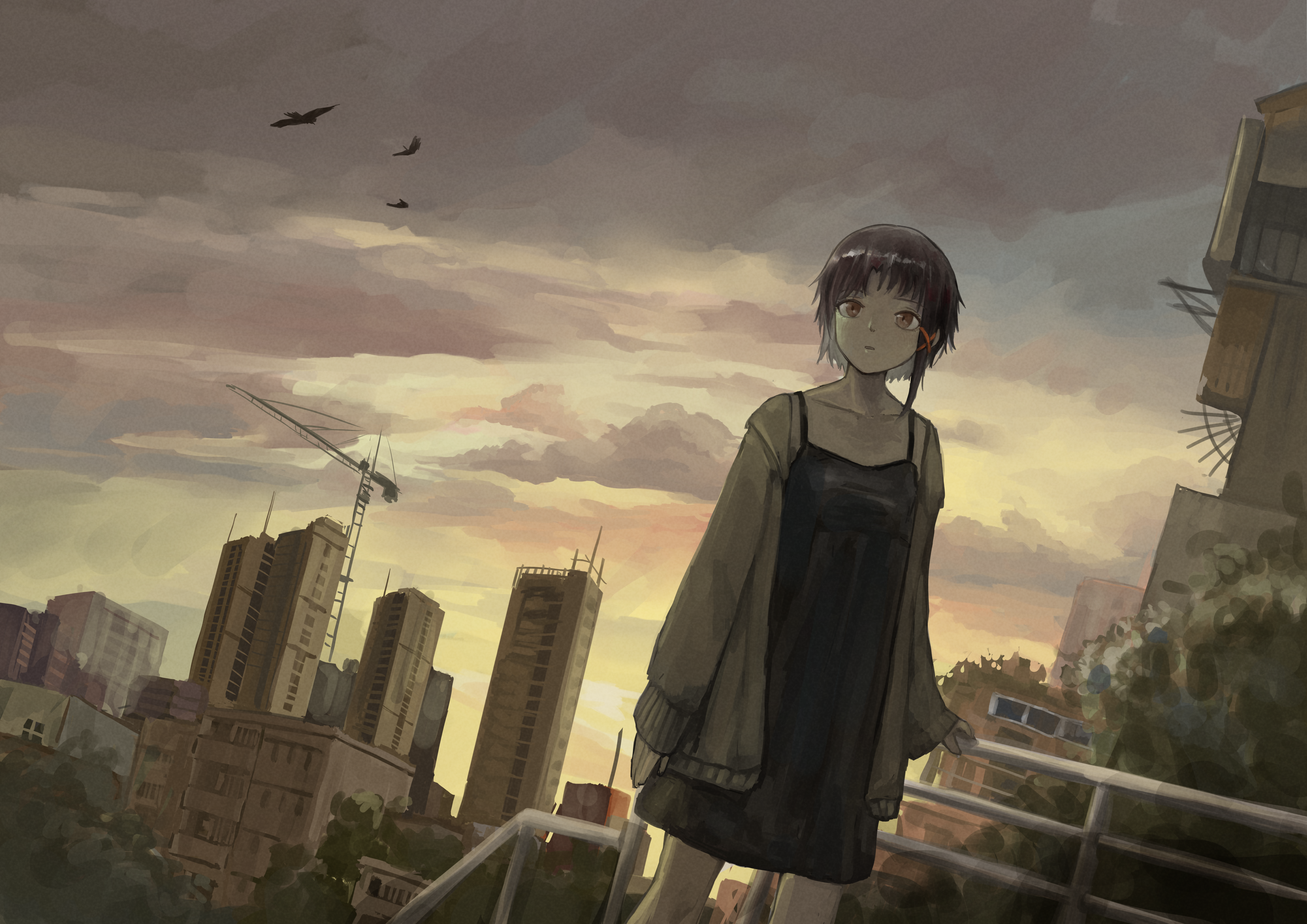 bin jiang, iwakura lain, serial experiments lain, absurdres, commentary, highres, 1girl, bird, brown eyes, brown hair, city, cloud, hair ornament, scenery, short hair, single sidelock, solo, x hair ornament