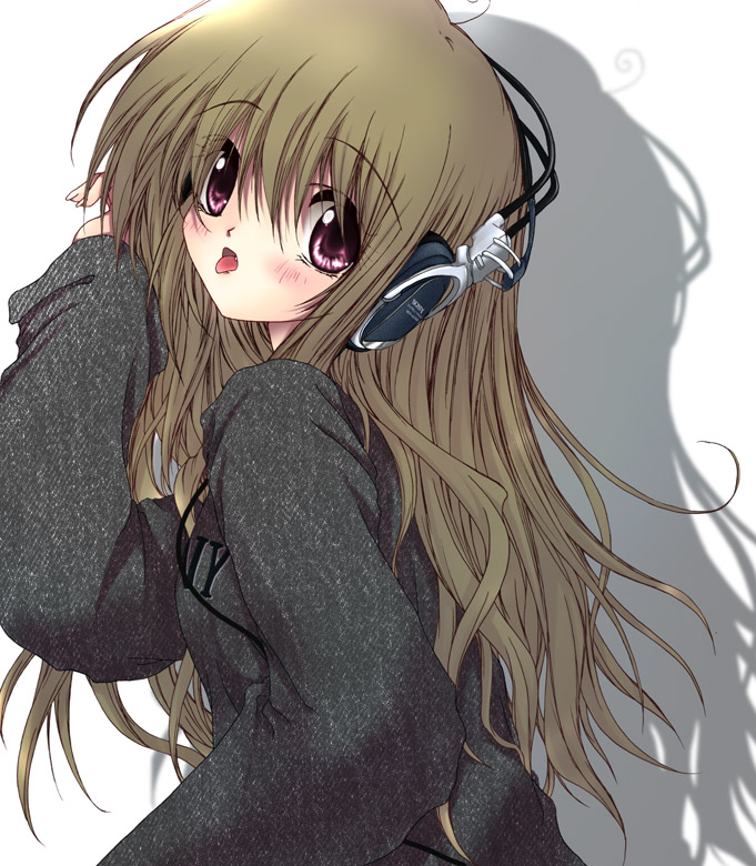 odagiri sakura, tagme, brown hair, fang, headphones, pink eyes, solo