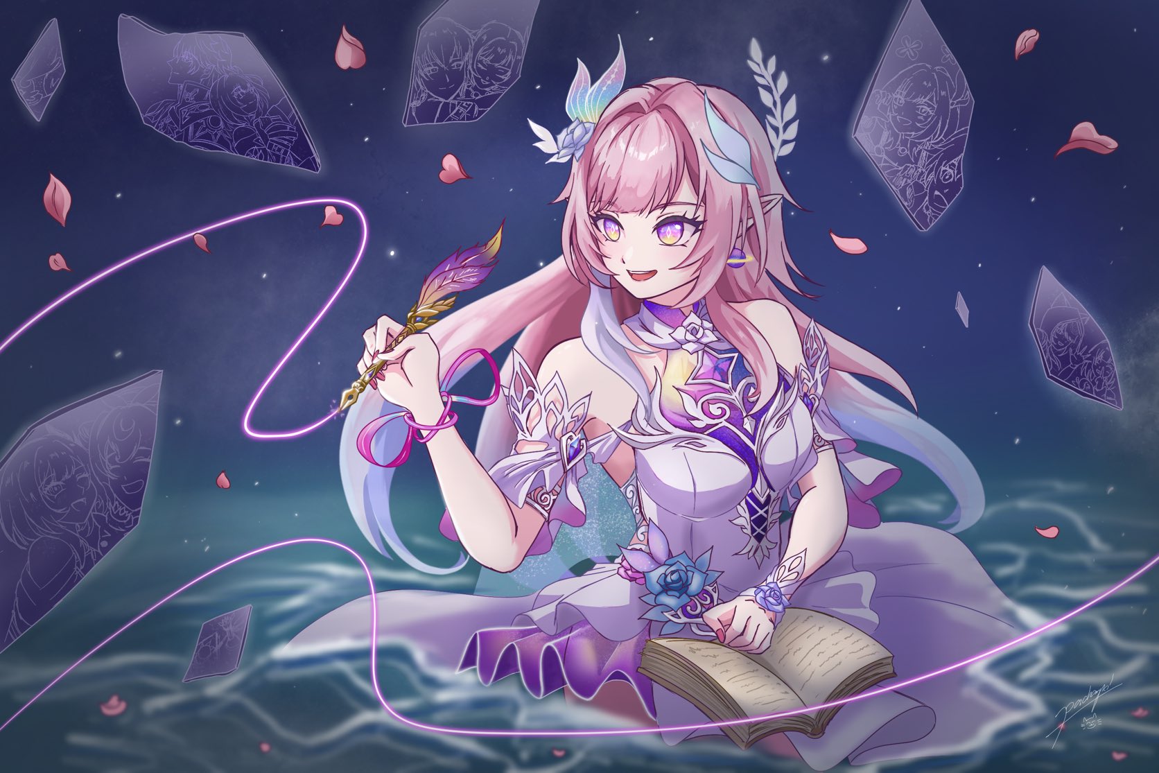 cyrene (honkai: star rail), cyrene (ripples of past reverie) (honkai: star rail), honkai: star rail, honkai (series), commentary, english commentary, highres, 1girl, aqua hair, book, breasts, crystal shards, diamond-shaped pupils, diamond (shape), dress, flower, hair flower, hair ornament, holding, holding quill, large breasts, multiple girls, open book, pink hair, pointy ears, purple eyes, quill, skbestto, smile, solo, symbol-shaped pupils, water, white dress, white hair