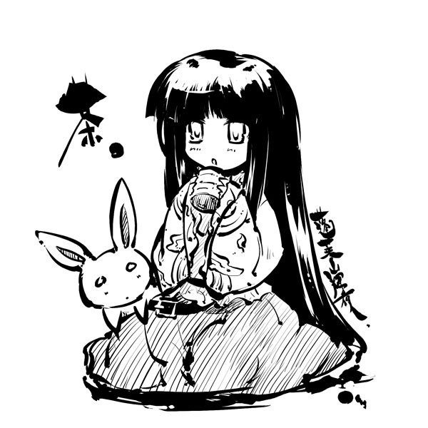 tokiame, houraisan kaguya, touhou, 1girl, blunt bangs, cup, female focus, greyscale, hime cut, monochrome, rabbit, sitting, skirt, solo, white background