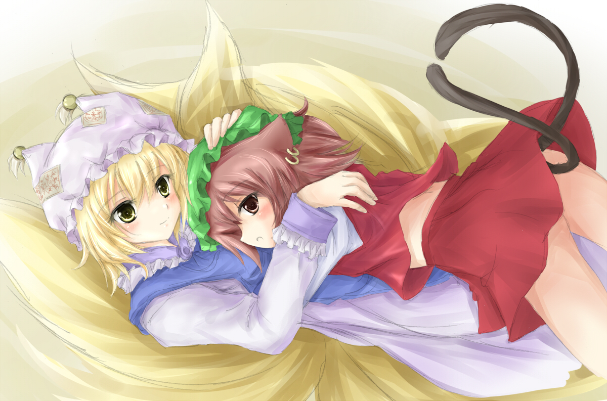 nekokotei, chen, yakumo ran, touhou, bad id, bad pixiv id, 2girls, animal ears, animal hat, blonde hair, brown hair, cat ears, cat girl, cat tail, earrings, female focus, fox ears, fox tail, hat, hug, jewelry, long sleeves, mob cap, multiple girls, multiple tails, no panties, ribbon, short hair, tail, tassel