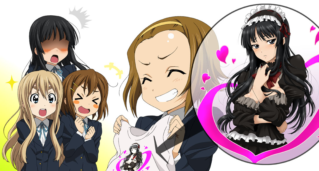 isse, akiyama mio, hirasawa yui, kotobuki tsumugi, tainaka ritsu, fuwafuwa time, k-on!, > <, 00s, 4girls, blush, closed eyes, gothic lolita, ho-kago tea time, lolita fashion, multiple girls, school uniform, shirt, t-shirt, tomboy