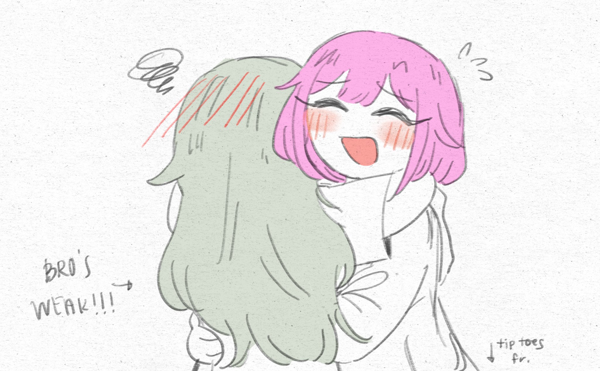kcmvnd, kusanagi nene, ootori emu, project sekai, commentary, english commentary, highres, 2girls, english text, flying sweatdrops, green hair, hood, hoodie, hug, laughing, long hair, multiple girls, open mouth, pink hair, short hair, smile, squiggle, white background