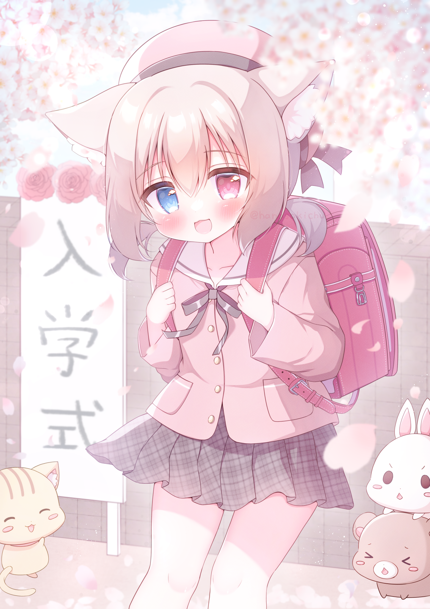 hanasakichu, original, commentary request, commission, highres, skeb commission, 1girl, :3, :d, animal ear fluff, animal ears, backpack, bag, black ribbon, black skirt, blue eyes, blush, brown hair, buttons, cat ears, cat girl, cherry blossoms, collarbone, day, entrance ceremony, feet out of frame, hair between eyes, hat, heterochromia, jacket, long sleeves, looking at viewer, neck ribbon, open mouth, outdoors, petals, pink hat, pink jacket, plaid clothes, plaid skirt, pleated skirt, randoseru, red eyes, ribbon, sailor collar, school uniform, serafuku, short hair, skirt, smile, solo, standing, white sailor collar