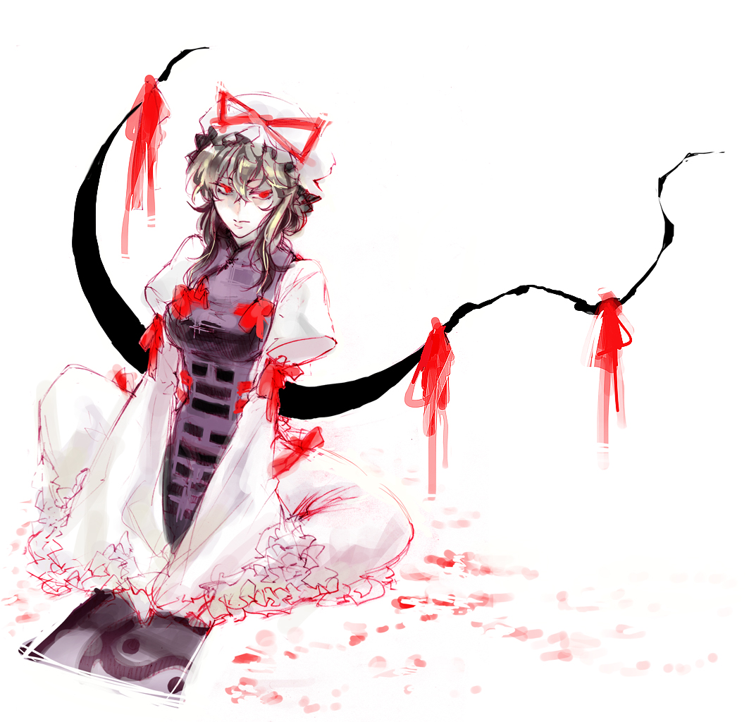 sauna (sauna d), yakumo yukari, touhou, bad id, bad pixiv id, 1girl, blonde hair, colored eyelashes, dress, female focus, gap (touhou), glowing, glowing eyes, hands on feet, hat, indian style, red eyes, ribbon, sitting, solo