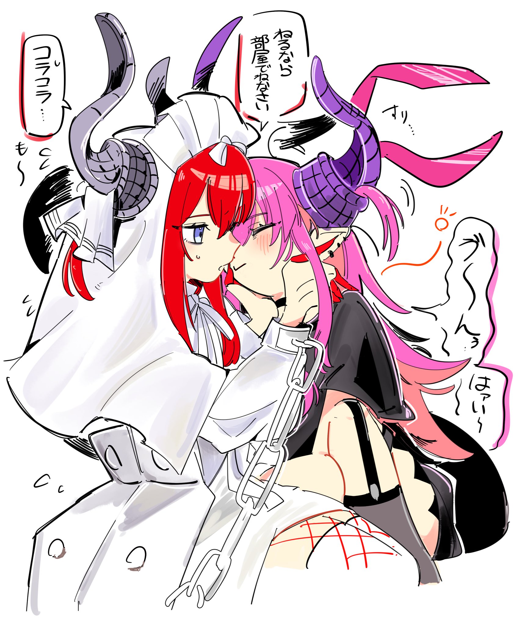 kuriimu0203, elizabeth bathory (fate), fate/grand order, fate (series), commentary request, highres, translation request, 2girls, black choker, black shirt, black socks, blue eyes, chain, choker, closed eyes, closed mouth, cropped legs, cuffs, curled horns, dragon girl, dragon horns, dress, dual persona, ear piercing, elizabeth bathory (avenger) (fate), elizabeth bathory (perfect) (fate), elizabeth bathory (perfect) (first ascension) (fate), face-to-face, finger cots, fishnet pantyhose, fishnets, flying sweatdrops, grey horns, horns, invisible chair, kneehighs, legwear garter, long hair, looking at another, multiple girls, multiple piercings, one side up, pantyhose, piercing, pink hair, pointy ears, profile, purple horns, red hair, selfcest, shackles, shirt, short sleeves, simple background, sitting, socks, sound effects, speech bubble, spoken sweatdrop, squeans, sweatdrop, t-shirt, thighhighs, veil, white background, white dress, white thighhighs, white veil, yuri, zettai ryouiki