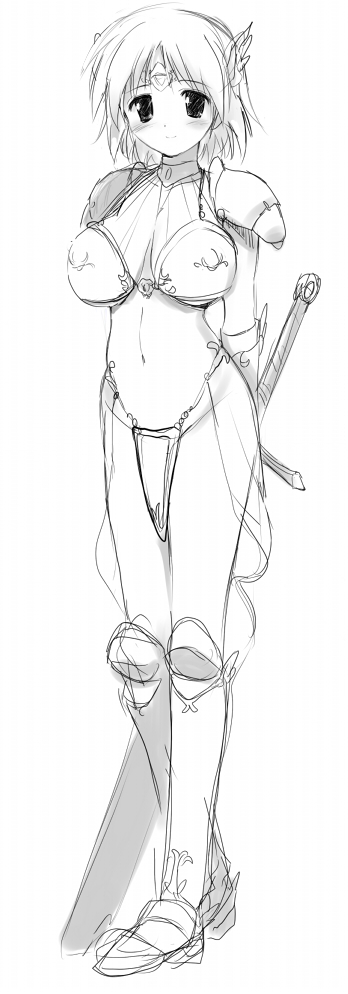 hima, 1girl, armor, bikini armor, breasts, female focus, greyscale, large breasts, monochrome, solo, sword, weapon