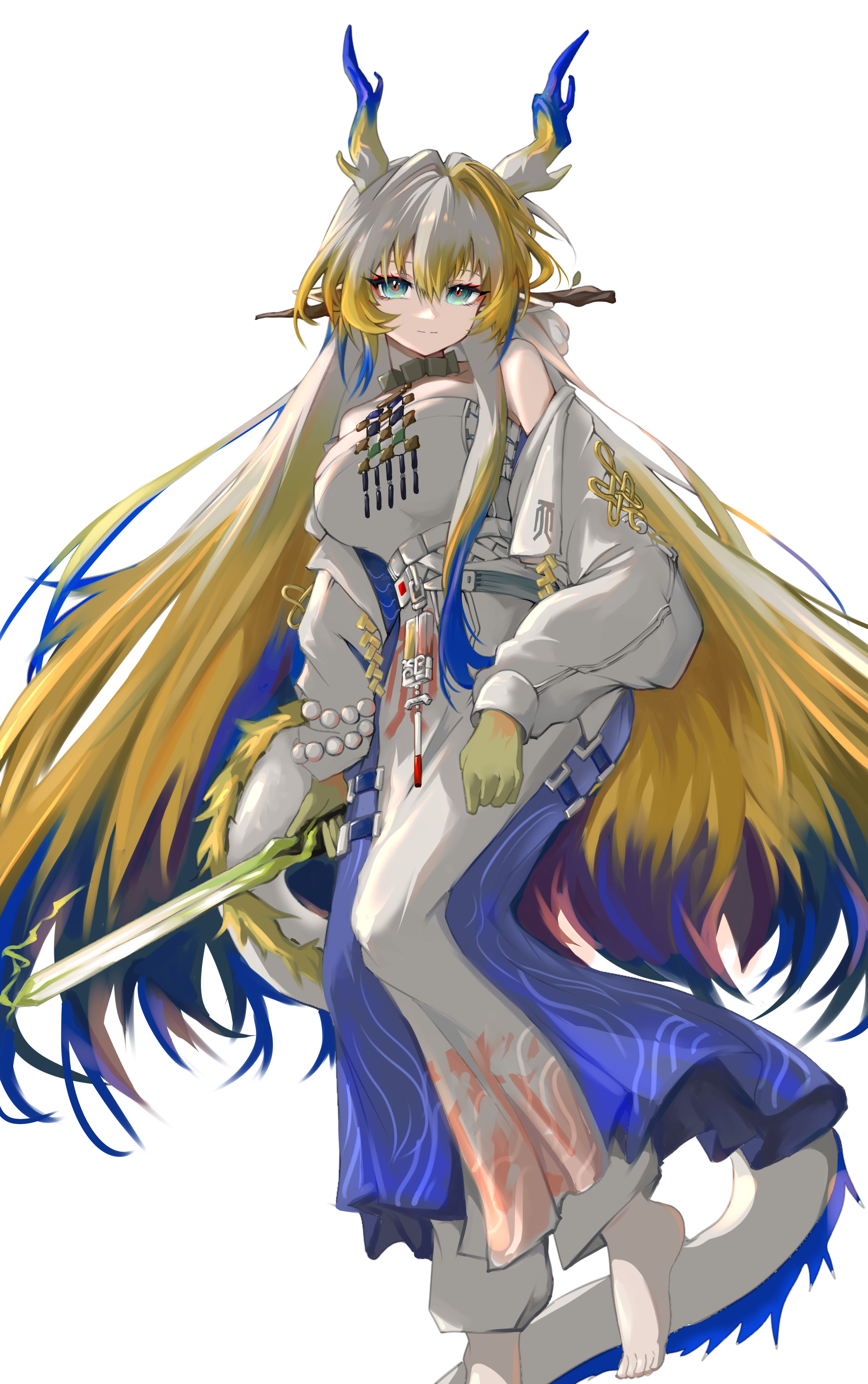 shu (arknights), arknights, absurdres, chinese commentary, commentary, highres, 1girl, bare shoulders, barefoot, beads, belt, blonde hair, blue hair, blue skirt, breasts, closed mouth, colored extremities, dragon girl, dragon horns, dragon tail, eyeliner, foot out of frame, green eyes, grey belt, grey hair, grey jacket, grey skirt, grey tube top, hair between eyes, hair intakes, holding, holding sword, holding weapon, horns, jacket, jewelry, large breasts, light smile, long hair, long skirt, long sleeves, makeup, multicolored hair, necklace, off shoulder, orange eyeliner, pink hair, pointy ears, simple background, skirt, solo, split mouth, strapless, sword, tail, tube top, very long hair, vzaaaaaaa, weapon, white background