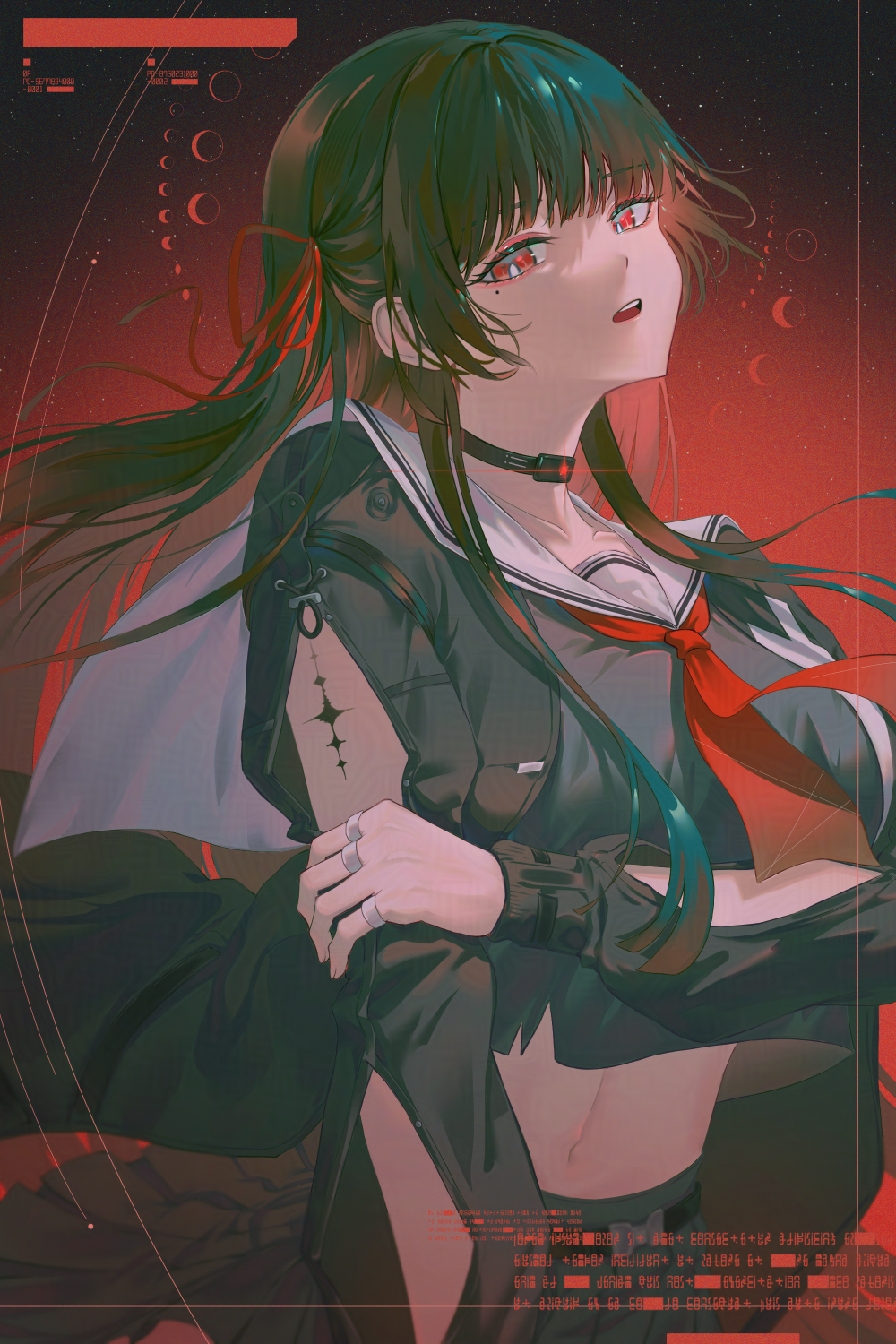 nininininil, chisa (wuthering waves), wuthering waves, commentary request, highres, korean commentary, 1girl, arm cutout, black hair, black jacket, black shirt, breasts, clothing cutout, cowboy shot, crop top, hair ribbon, holding own arm, jacket, large breasts, long hair, long sleeves, looking at viewer, mole, mole under eye, neckerchief, open mouth, red eyes, red neckerchief, red ribbon, ribbon, sailor collar, shirt, solo, tacet mark (wuthering waves), white sailor collar