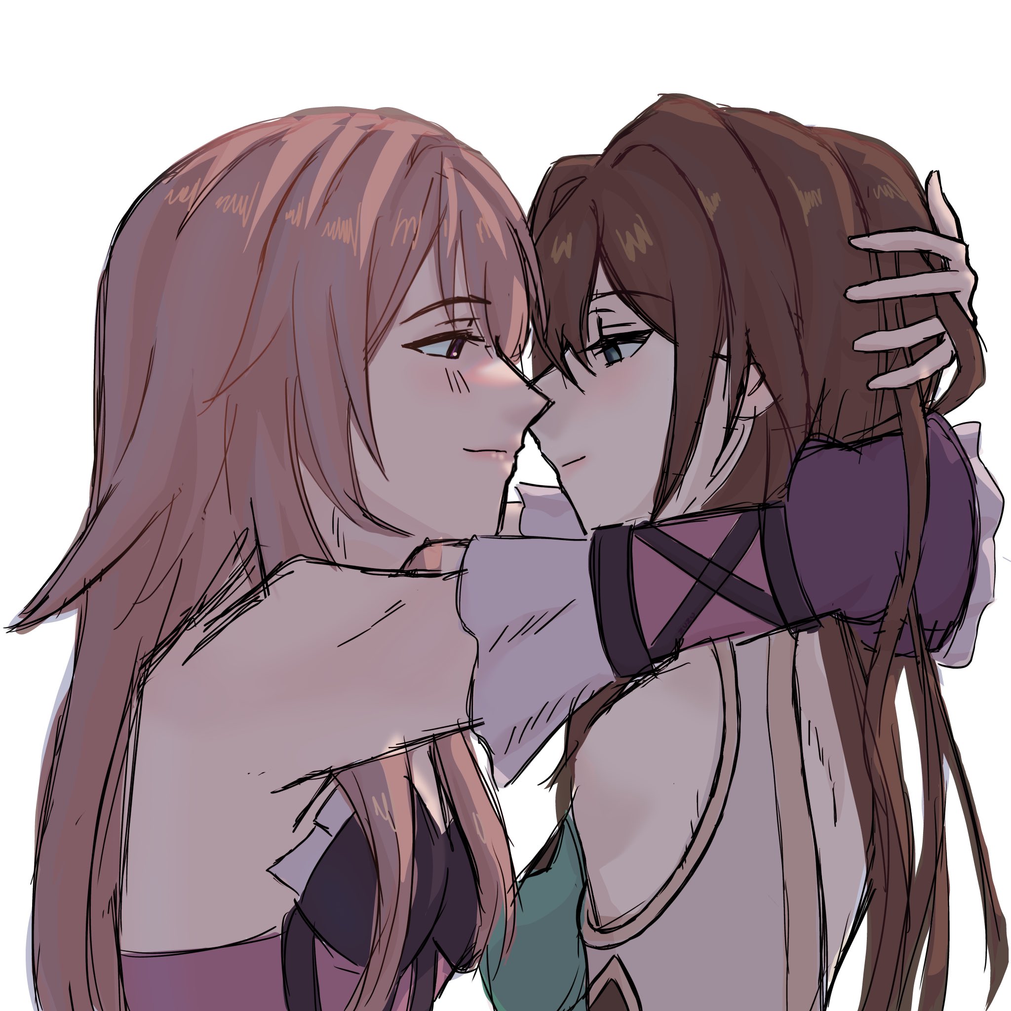 herta (honkai: star rail), ruan mei (honkai: star rail), the herta (honkai: star rail), honkai: star rail, honkai (series), commentary, english commentary, highres, 2girls, arms around neck, bare shoulders, blue eyes, brown hair, closed mouth, detached sleeves, eye contact, hand in another's hair, long hair, looking at another, multiple girls, purple eyes, simple background, smile, upper body, white background, yuri, zuuchako