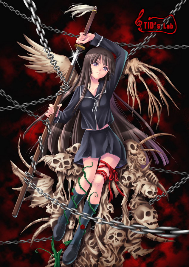 tidsean, isayama yomi, ga-rei, ga-rei zero, 00s, 1girl, black hair, blunt bangs, chain, female focus, flower, hime cut, katana, kneehighs, legs, long hair, long legs, plant, school uniform, serafuku, sheath, shoes, skull, socks, solo, sword, unsheathing, vines, weapon, wings