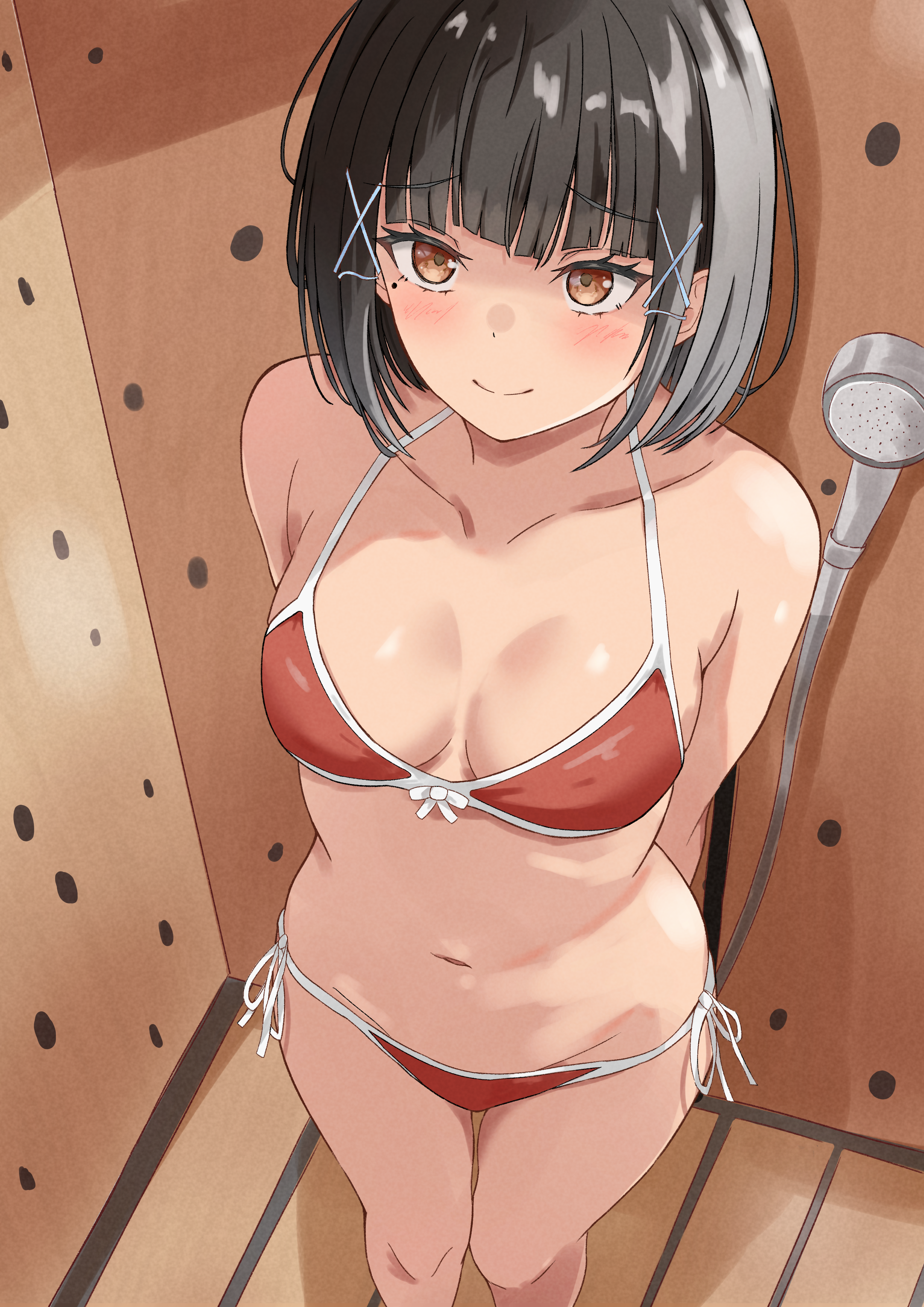 azakura (beniyomogi), original, absurdres, commentary request, commission, highres, pixiv commission, variant set, 1girl, bikini, black hair, blush, bob cut, bow, bow bikini, breasts, brown eyes, closed mouth, collarbone, feet out of frame, from above, hair ornament, indoors, large breasts, looking at viewer, looking up, mole, mole under eye, navel, raised inner eyebrows, red bikini, short hair, shower (place), shower head, side-tie bikini bottom, smile, solo, split mouth, standing, stomach, string bikini, swimsuit, x hair ornament