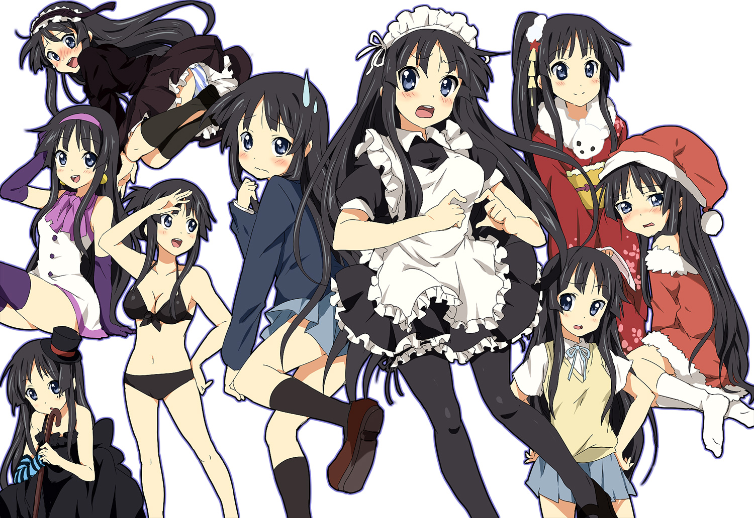 maruki (punchiki), akiyama mio, don't say "lazy", fuwafuwa time, k-on!, bad id, bad pixiv id, 00s, 1girl, alternate costume, bikini, black hair, blue eyes, breasts, cleavage, enmaided, fingerless gloves, gloves, gothic lolita, hairband, hat, japanese clothes, kimono, lolita fashion, lolita hairband, maid, maid headdress, mini hat, mini top hat, moe moe kyun!, multiple views, panties, santa costume, school uniform, scrunchie, simple background, striped clothes, striped panties, swimsuit, thighhighs, top hat, underwear