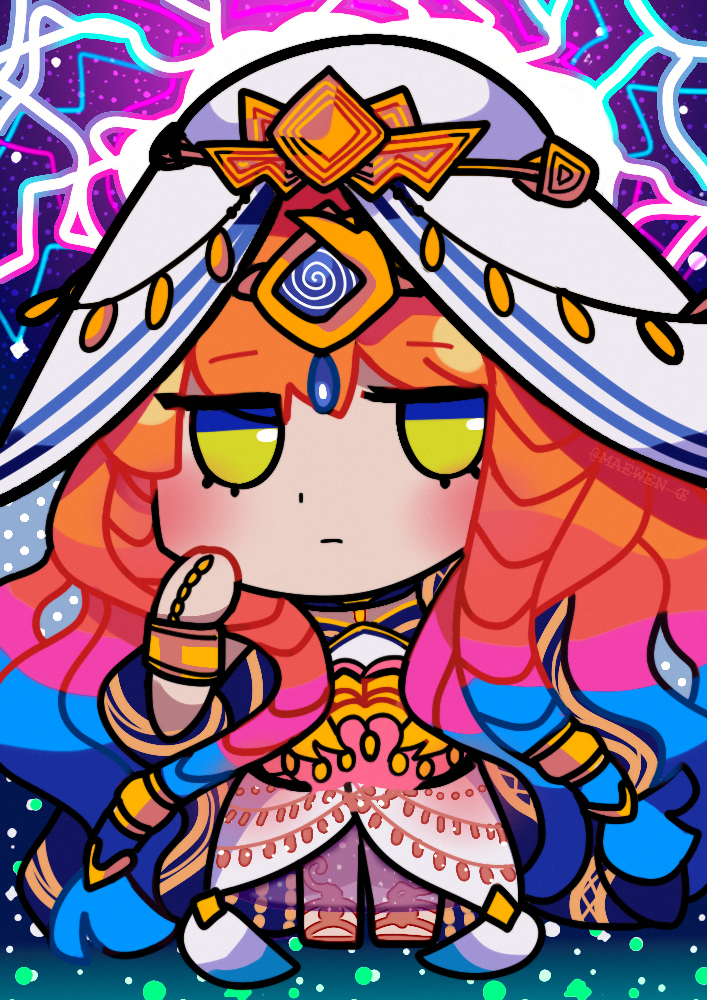 maewenmitzuki, haydee (fate), fate/grand order, fate (series), commentary, english commentary, 1girl, closed mouth, dress, eyelashes, full body, jitome, long hair, looking at viewer, riyo (lyomsnpmp) (style), solo, veil, very long hair, white dress, white veil, yellow eyes