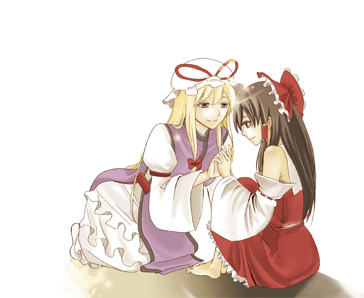 halu-natsu, hakurei reimu, yakumo yukari, touhou, bad id, bad pixiv id, 2girls, barefoot, brown hair, female focus, holding hands, multiple girls