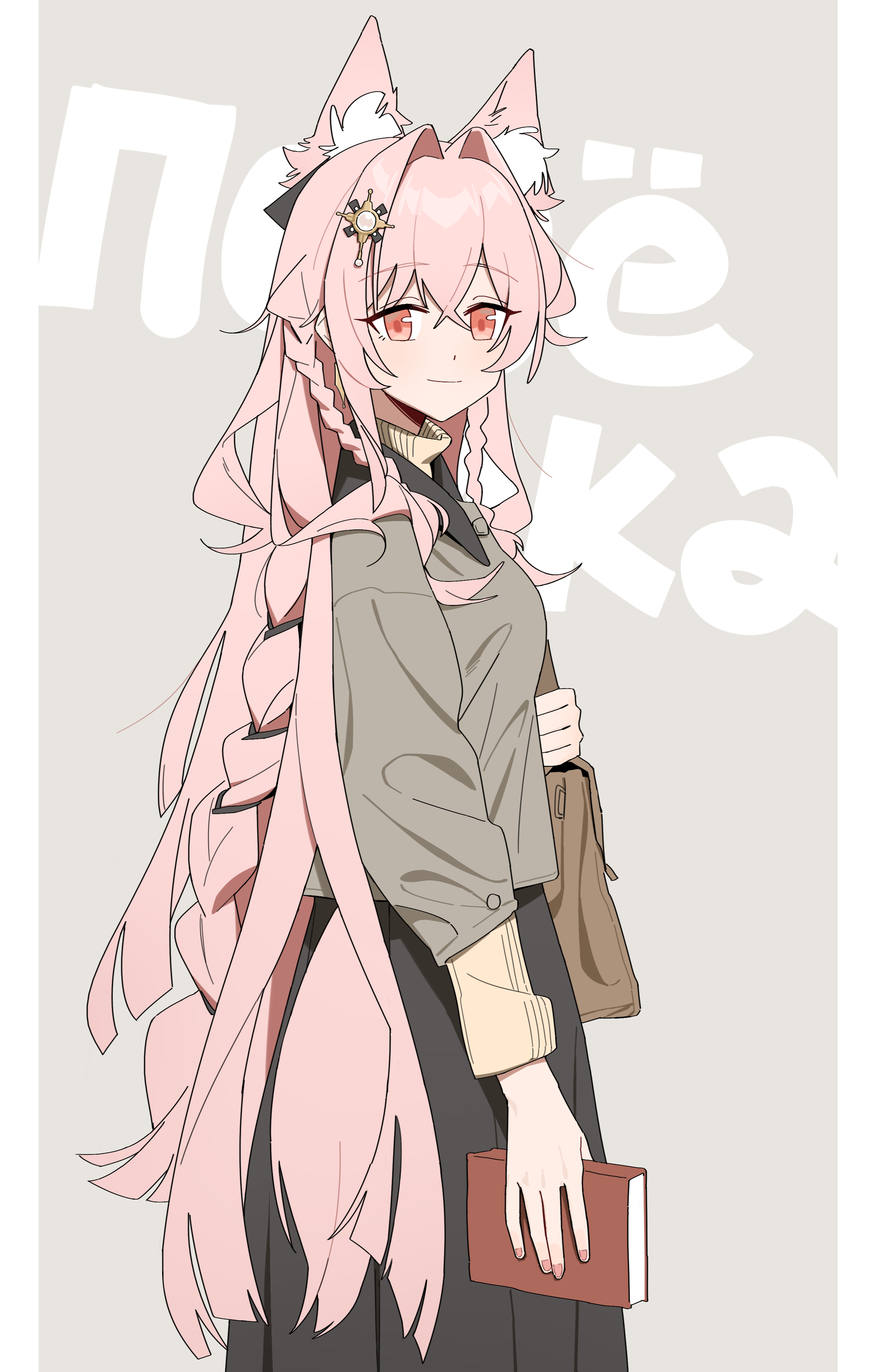 pozyomka (arknights), arknights, absurdres, commentary, highres, symbol-only commentary, 1girl, animal ear fluff, animal ears, black skirt, braid, character name, closed mouth, cowboy shot, crossed bangs, grey shirt, hair between eyes, hair intakes, hair ornament, holding, layered sleeves, light smile, long hair, long sleeves, looking at viewer, orange eyes, pink hair, shirt, skirt, solo, standing, sweater, turtleneck, turtleneck sweater, very long hair, yellow sweater, yioukei