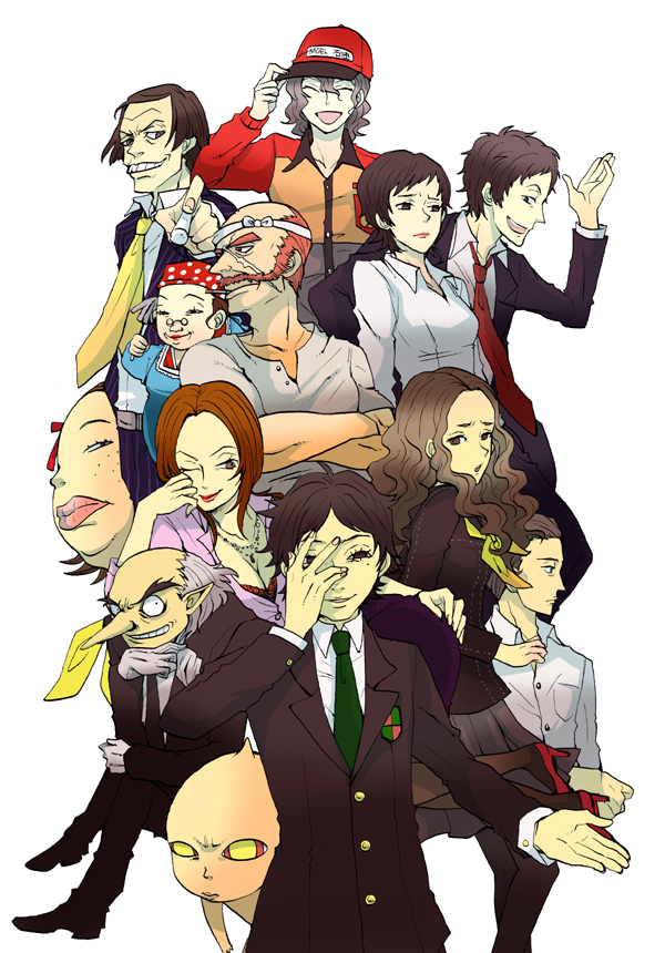 sudachips, adachi tooru, igor (persona), izanami (persona), kashiwagi noriko, konishi saki, kubo mitsuo, master daidara, morooka kinshirou, namatame tarou, ohtani hanako, ootani hanako, shiroku store owner, yamano mayumi, atlus, persona, persona 4, bad id, bad pixiv id, 6+boys, 6+girls, androgynous, bald, baseball cap, black hair, blazer, brown hair, grey hair, hat, high heels, jacket, long nose, multiple boys, multiple girls, necktie, old, old man, orange hair, pantyhose, pointy ears, reverse trap, school uniform, serafuku, shoes, short hair, teacher, teacher and student, wavy hair