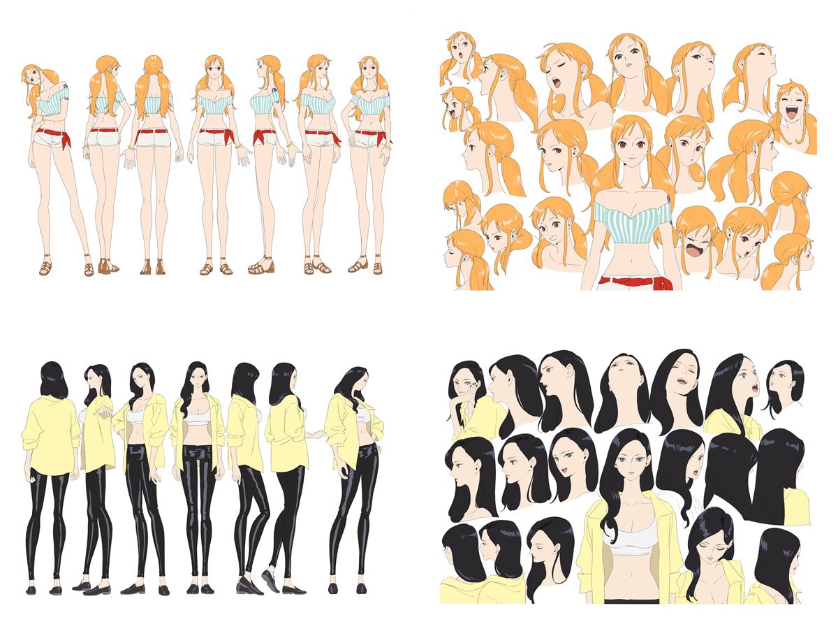 nami (one piece), nico robin, one piece, official art, 2girls, ass, bare legs, bare shoulders, breasts, curvy, happy, huge breasts, jacket, large breasts, looking at viewer, low twintails, multiple girls, multiple views, open clothes, open jacket, pants, reference sheet, shiny skin, short shorts, shorts, smile, turnaround, twintails, wide hips