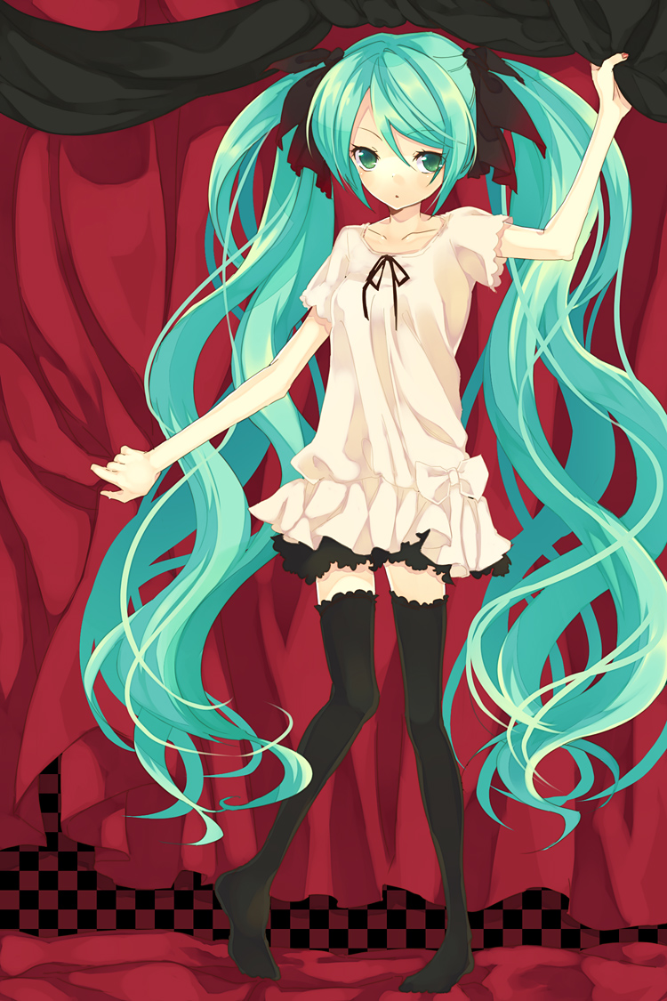 reitei, retei, hatsune miku, vocaloid, world is mine (vocaloid), bad id, bad pixiv id, 1girl, aqua hair, curtains, dress, female focus, green eyes, hair ribbon, long hair, ribbon, skirt, solo, thighhighs, twintails, white dress, white skirt