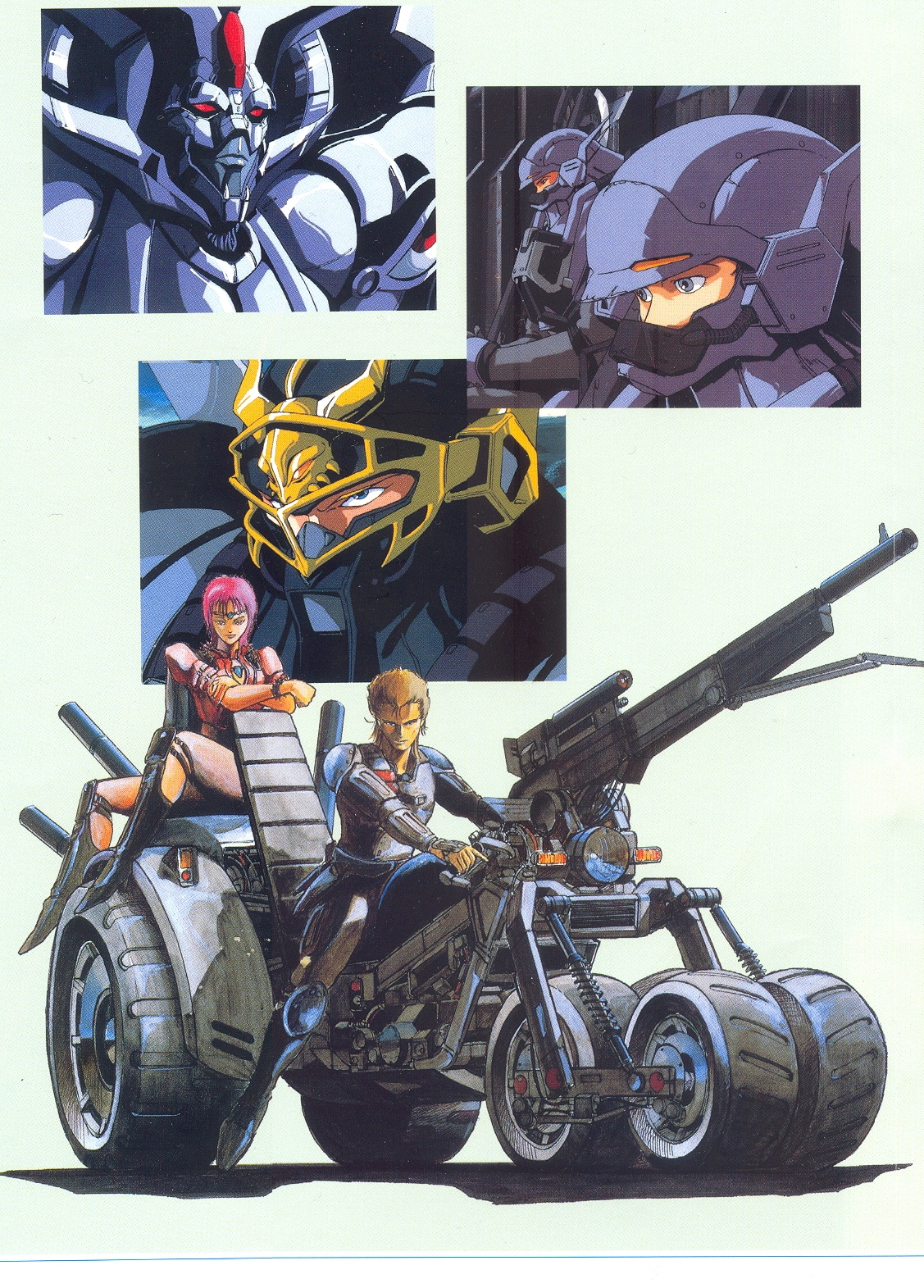 ohata koichi, oobari masami, mds-02 geist, paiya, vaiya, m.d. geist, vehicle, 1980s (style), artist request, character request, highres, official art, 1girl, 2boys, armor, cannon, full body, mecha, motor vehicle, motorcycle, multiple boys, oldschool, pink hair, retro artstyle, robot, three-wheeler, weapon
