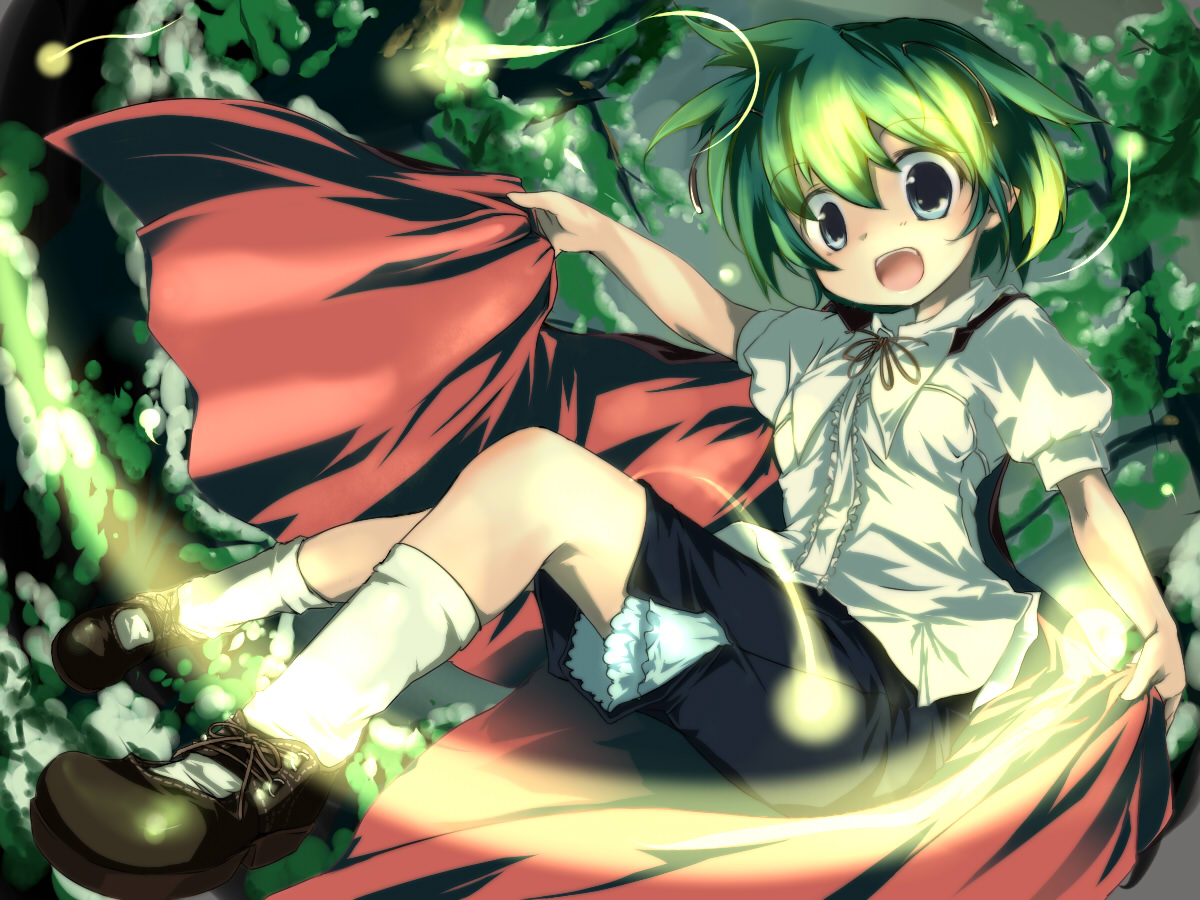 sanoharu, wriggle nightbug, touhou, 1girl, antennae, blue eyes, bug, cape, female focus, fireflies, firefly, green hair, solo