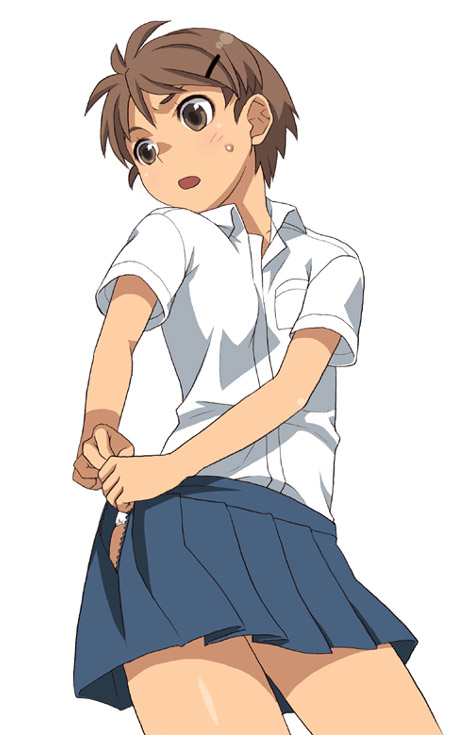 mattaku mousuke, original, 1girl, brown eyes, brown hair, cowboy shot, dress shirt, dressing, female focus, hair ornament, hairclip, open mouth, pleated skirt, shirt, short hair, short sleeves, simple background, skirt, solo, unzipped, very short hair, white background, white shirt