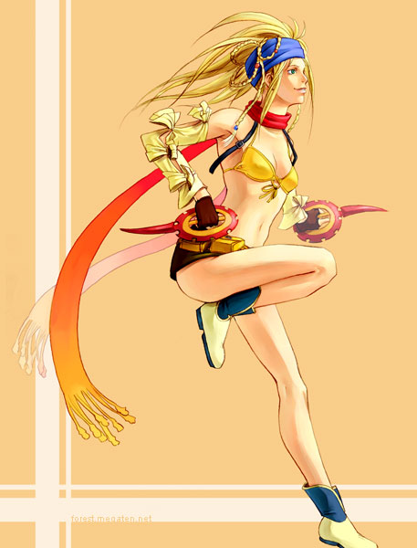 nemi, rikku (ff10), final fantasy, final fantasy x, final fantasy x-2, 00s, 1girl, ankle boots, bikini, bikini top only, blonde hair, boots, detached sleeves, female focus, fingerless gloves, gloves, headband, legs, miniskirt, revealing clothes, scarf, skirt, solo, swimsuit