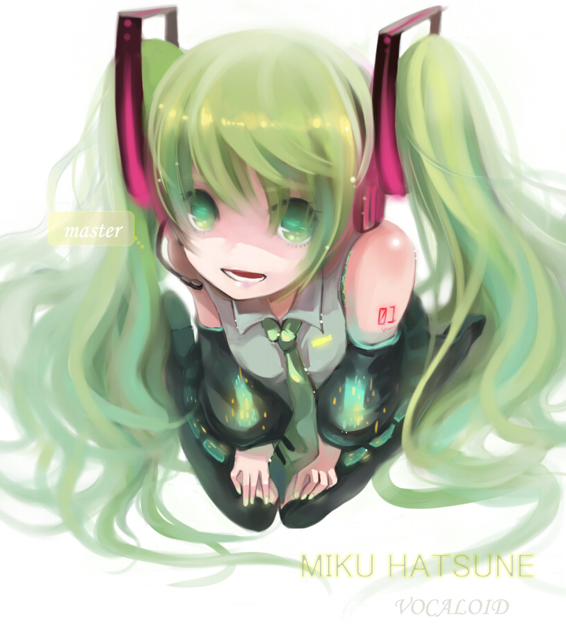 shell (shell518), hatsune miku, vocaloid, 1girl, aqua eyes, detached sleeves, female focus, green hair, headphones, headset, kneeling, long hair, necktie, open mouth, skirt, solo, thighhighs, twintails
