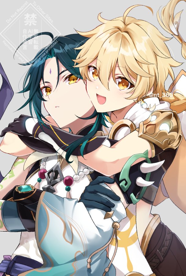 aether (genshin impact), xiao (genshin impact), genshin impact, 2boys, aqua hair, arm tattoo, bead necklace, beads, black gloves, black hair, blonde hair, braid, crop top, crossed arms, earrings, facial mark, forehead mark, gloves, hair between eyes, jewelry, long hair, male focus, multicolored hair, multiple boys, necklace, nt 360, open mouth, shirt, short hair, shoulder spikes, smile, spikes, streaked hair, tattoo, white shirt, yaoi, yellow eyes