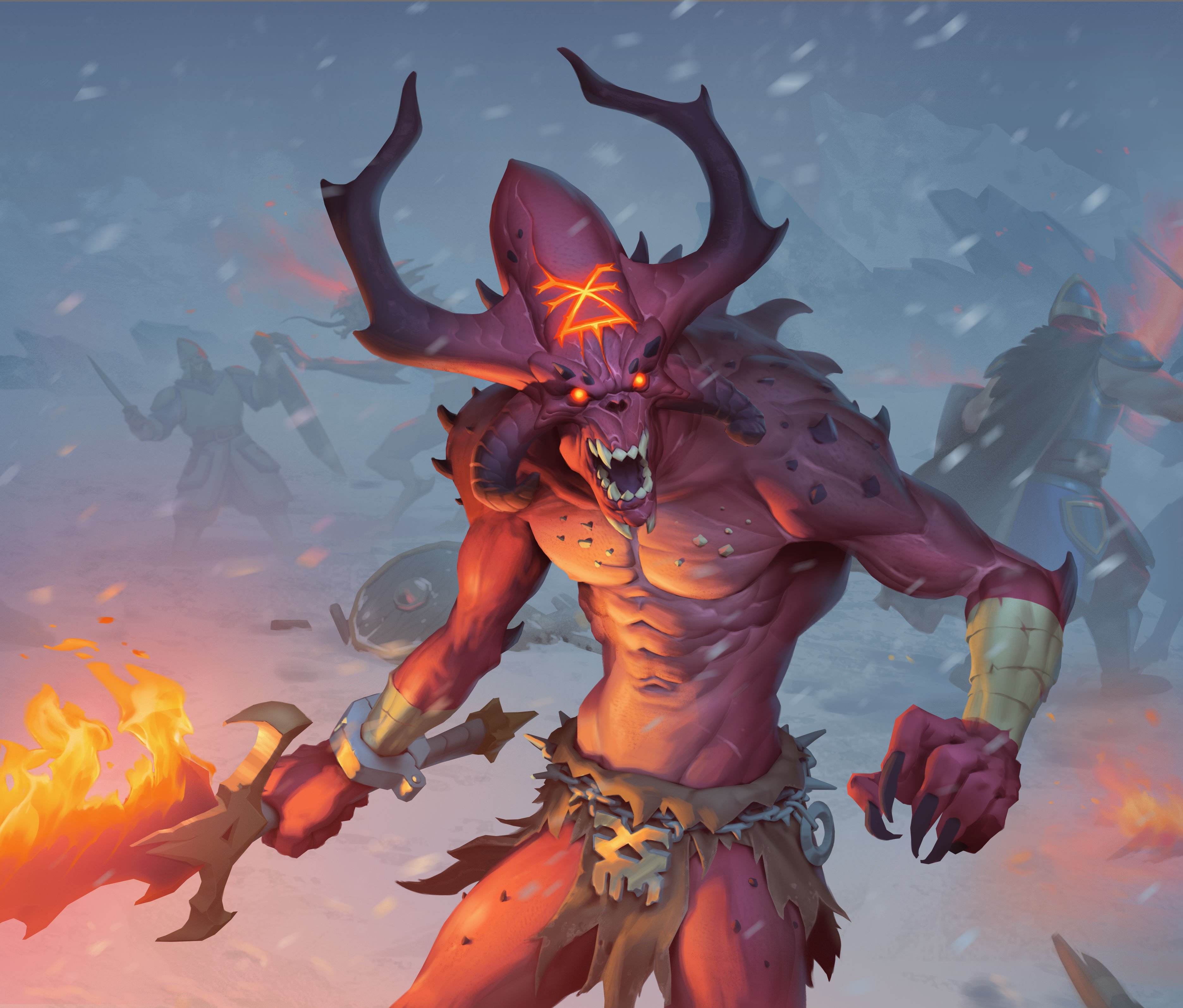 bloodletter, warhammer 40k, warhammer fantasy, absurdres, highres, abs, bandages, colored skin, daemon (warhammer), demon horns, fangs, fighting stance, fingernails, fire, flaming sword, flaming weapon, glowing, glowing eyes, holding, holding sword, holding weapon, horns, khorne (mark), loincloth, long fingernails, open mouth, pelvic curtain, red eyes, red skin, rokkleva, sword, weapon