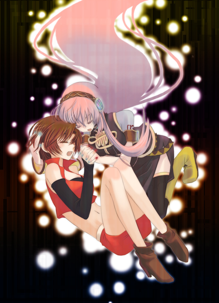 shiraki, shirojiro shiro, megurine luka, meiko (vocaloid), vocaloid, 2girls, boots, breasts, brown eyes, brown hair, cleavage, closed eyes, headphones, long hair, midriff, multiple girls, pencil skirt, pink hair, short hair, skirt, yuri