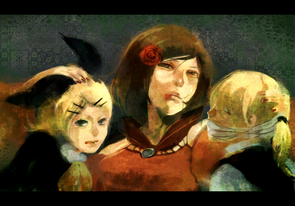 kojijima, kagamine len, kagamine rin, kane, meiko (vocaloid), akujiki musume conchita (vocaloid), evillious nendaiki, vocaloid, bad id, bad pixiv id, 1boy, 2girls, brown eyes, brown hair, dress, flower, hair ornament, hair ribbon, hairclip, letterboxed, multiple girls, red dress, ribbon, rose, short hair