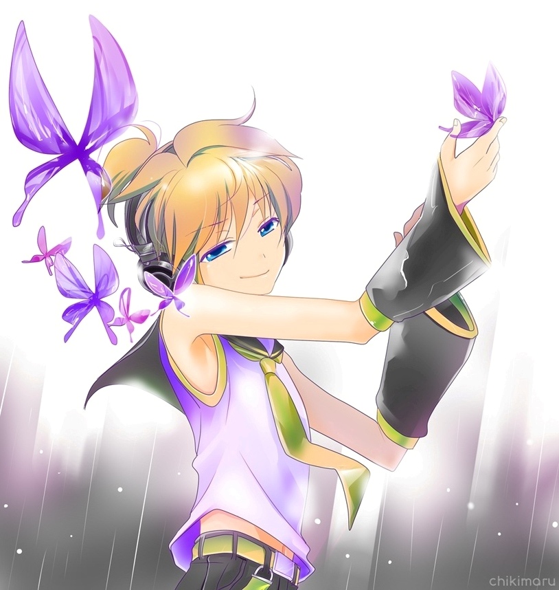 aigarita, kagamine len, migikata no chou (vocaloid), vocaloid, bad id, bad pixiv id, 1boy, belt, blonde hair, blue eyes, bug, butterfly, headphones, insect, male focus, necktie, shorts, smile, solo, yellow necktie