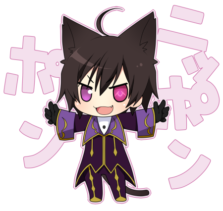 kiri futoshi, lelouch vi britannia, code geass, bad id, bad pixiv id, lowres, translated, 00s, 1boy, ahoge, animal ears, black hair, brown hair, cat boy, cat ears, cat tail, chibi, fang, fangs, geass, gloves, male focus, purple eyes, short hair, solo, tail