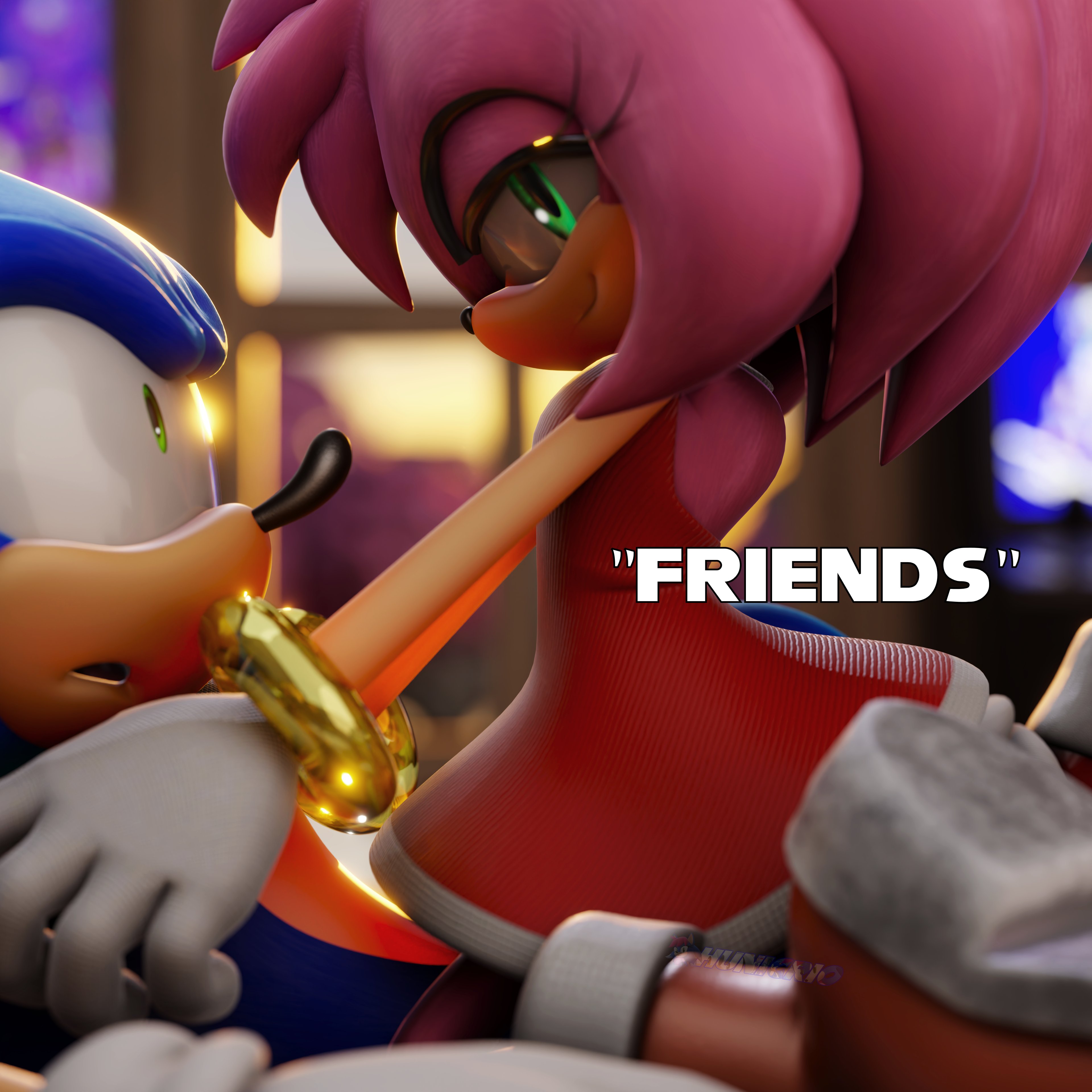 amy rose, sonic the hedgehog, sonic (series), absurdres, highres, 3d, bare back, blue hair, blurry, blurry background, boots, bracelet, dress, english text, gloves, gold, gold bracelet, green eyes, hunicrio, jewelry, long eyelashes, looking at viewer, pink hair, red dress, short dress, short sleeves, smile, surprised, white gloves