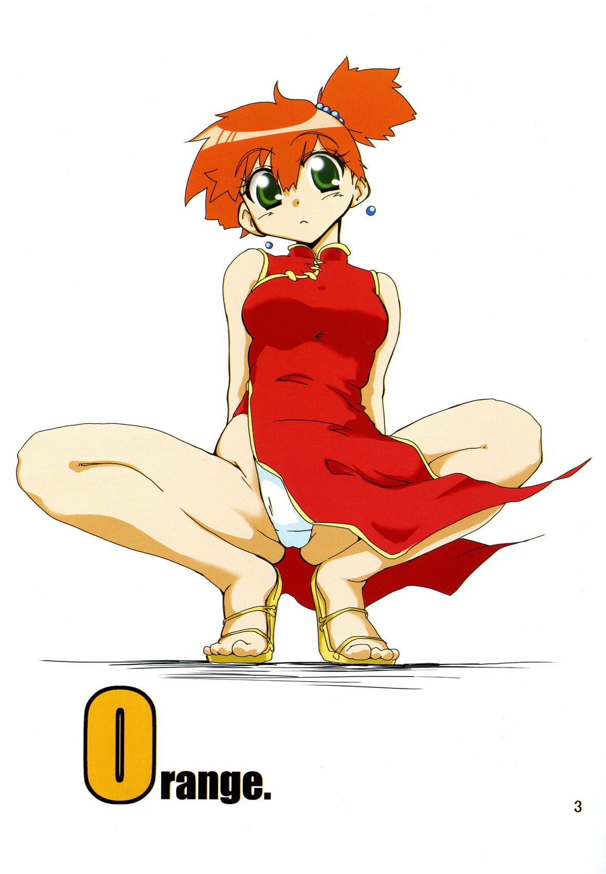 geropper, misty (pokemon), nintendo, pokemon, pokemon (anime), pokemon hoso (anime), pokemon hs01, highres, 1girl, alternate costume, china dress, chinese clothes, dress, female focus, green eyes, hair bobbles, hair ornament, jewelry, kneeling, official alternate costume, orange hair, panties, pantyshot, qipao dress, sandals, short hair, side ponytail, simple background, solo, spread legs, squatting, underwear, white background