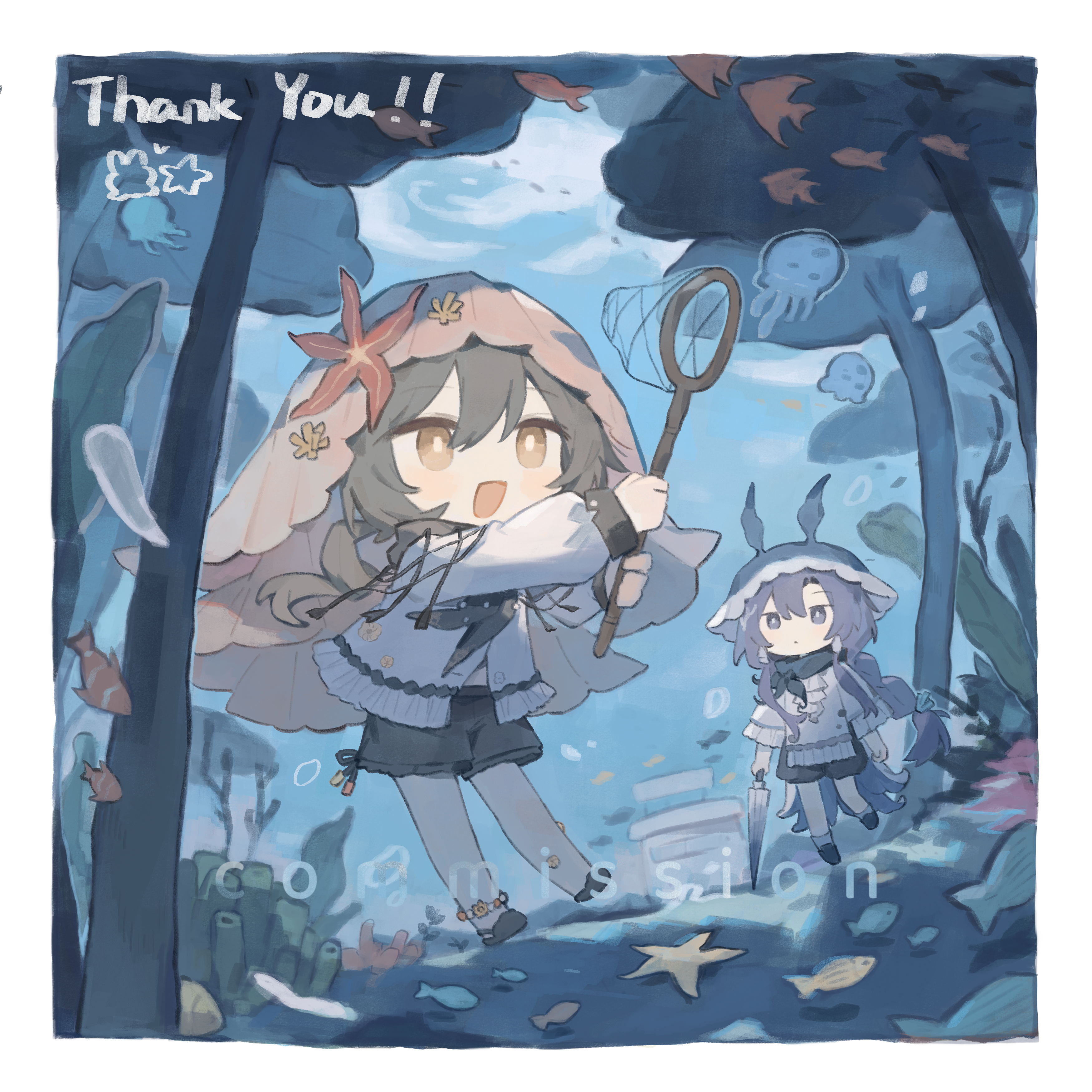 original, absurdres, commission, highres, 2girls, :d, black shoes, black shorts, blue sky, bright pupils, brown eyes, brown hair, butterfly net, chibi, chibi only, day, double-parted bangs, full body, hair between eyes, hand net, holding, holding butterfly net, jellyfish, long hair, long sleeves, mihuashi 250486, multiple girls, open mouth, outdoors, purple eyes, purple hair, red veil, shirt, shoes, shorts, sky, smile, standing, starfish, veil, white pupils, white shirt