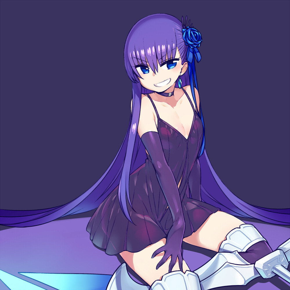 chan co, meltryllis (fate), fate/grand order, fate (series), revision, alternate costume, asymmetrical bangs, bare shoulders, black background, black choker, black dress, black gloves, black thighhighs, blue flower, blue ribbon, blue rose, choker, clothing cutout, covered groin, dress, earrings, elbow gloves, flat chest, flower, gloves, grin, hair behind ear, hair between eyes, hair flower, hair ornament, hair ribbon, hand on own thigh, jewelry, long hair, navel cutout, pleated dress, prosthesis, prosthetic leg, ribbon, rose, short dress, simple background, single earring, sitting, sleeveless, sleeveless dress, smile, spaghetti strap, straight hair, thighhighs, v-shaped eyebrows, very long hair, yokozuwari, zettai ryouiki