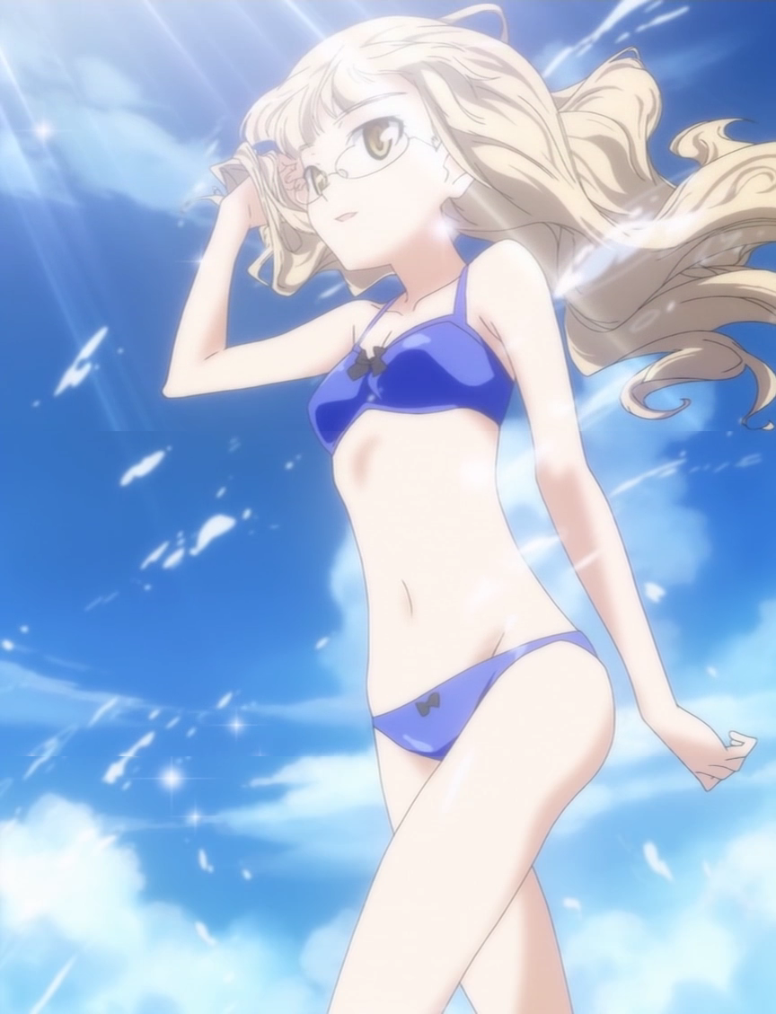 perrine h. clostermann, strike witches, world witches series, 00s, 1girl, bikini, blonde hair, blue bikini, bow, day, female focus, from below, glasses, long hair, navel, sky, solo, swimsuit, yellow eyes