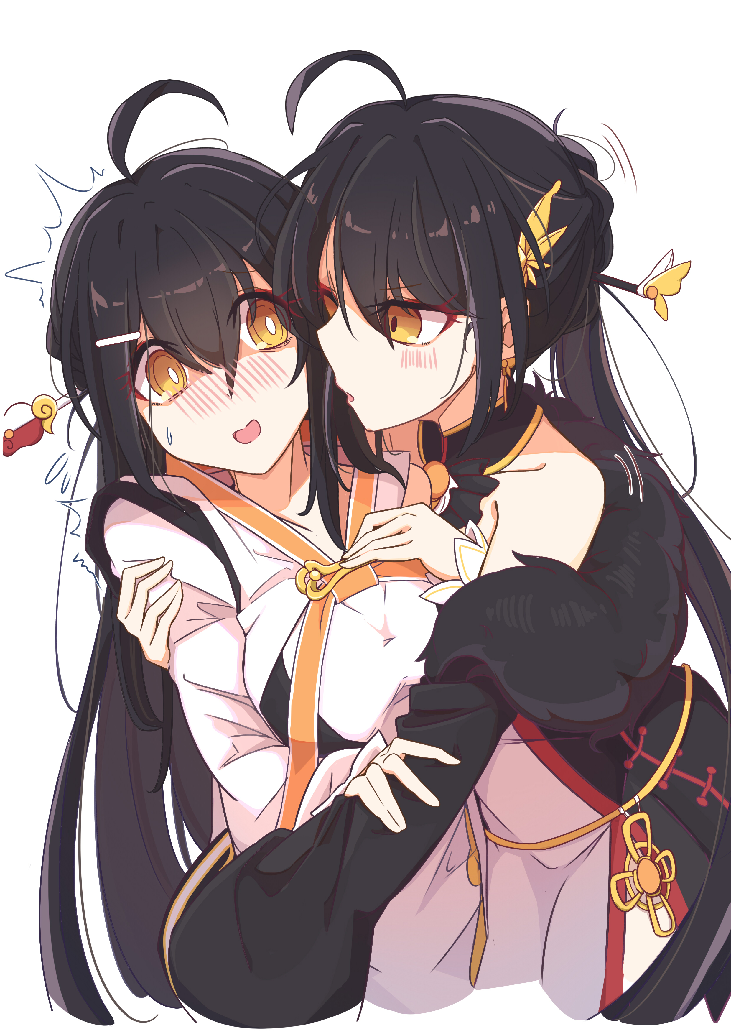 ara haan, ara han, sakra devanam (elsword), yama raja (elsword), elsword, absurdres, highres, 2girls, bare shoulders, black hair, blush, dress, dual persona, hair ornament, hairpin, hand on another's arm, hand on another's shoulder, long hair, multiple girls, open mouth, selfcest, simple background, user kaem8355, white background, white dress, yellow eyes, yuri