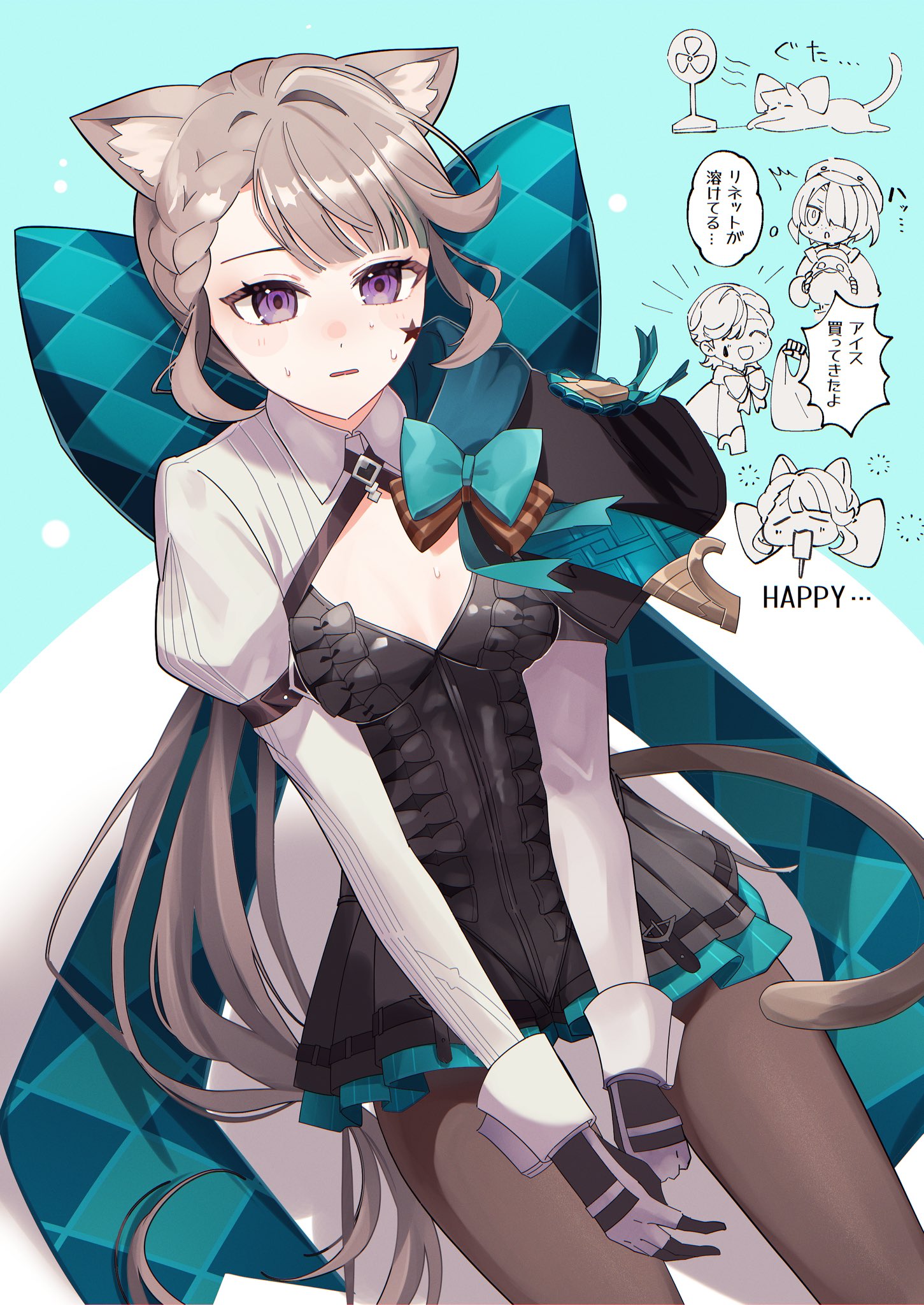 ymdm0826, freminet (genshin impact), lynette (genshin impact), lyney (genshin impact), genshin impact, highres, 1girl, 2boys, animal ears, aqua bow, black dress, black gloves, black pantyhose, bow, breasts, brown hair, brown tail, cat ears, cat girl, cat tail, dress, facial mark, gloves, long hair, long sleeves, multiple boys, pantyhose, purple eyes, solo, star (symbol), star facial mark, tail